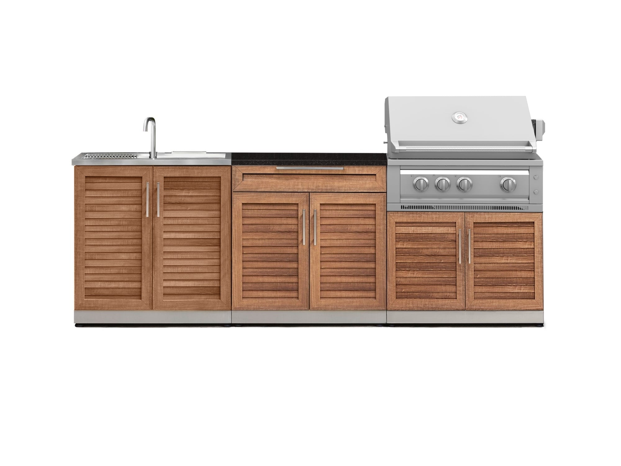 Outdoor Kitchen Stainless-Steel Louvered Doors 5 Piece Cabinet Set with Sink, 2-Door with Drawer, Grill Cabinet, Platinum Grill and Countertop
