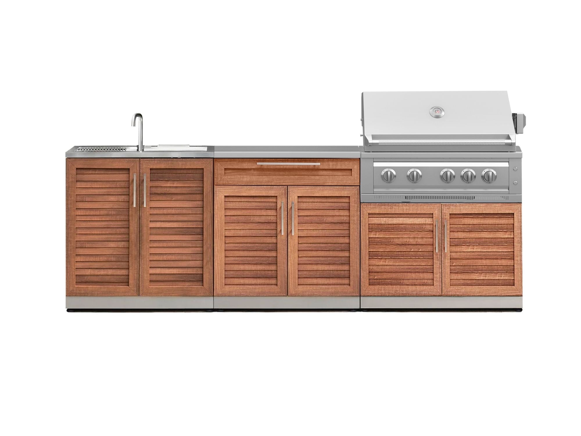 Outdoor Kitchen Stainless-Steel Louvered Doors 5 Piece Cabinet Set with Sink, 2-Door with Drawer, Grill Cabinet, Platinum Grill and Countertop