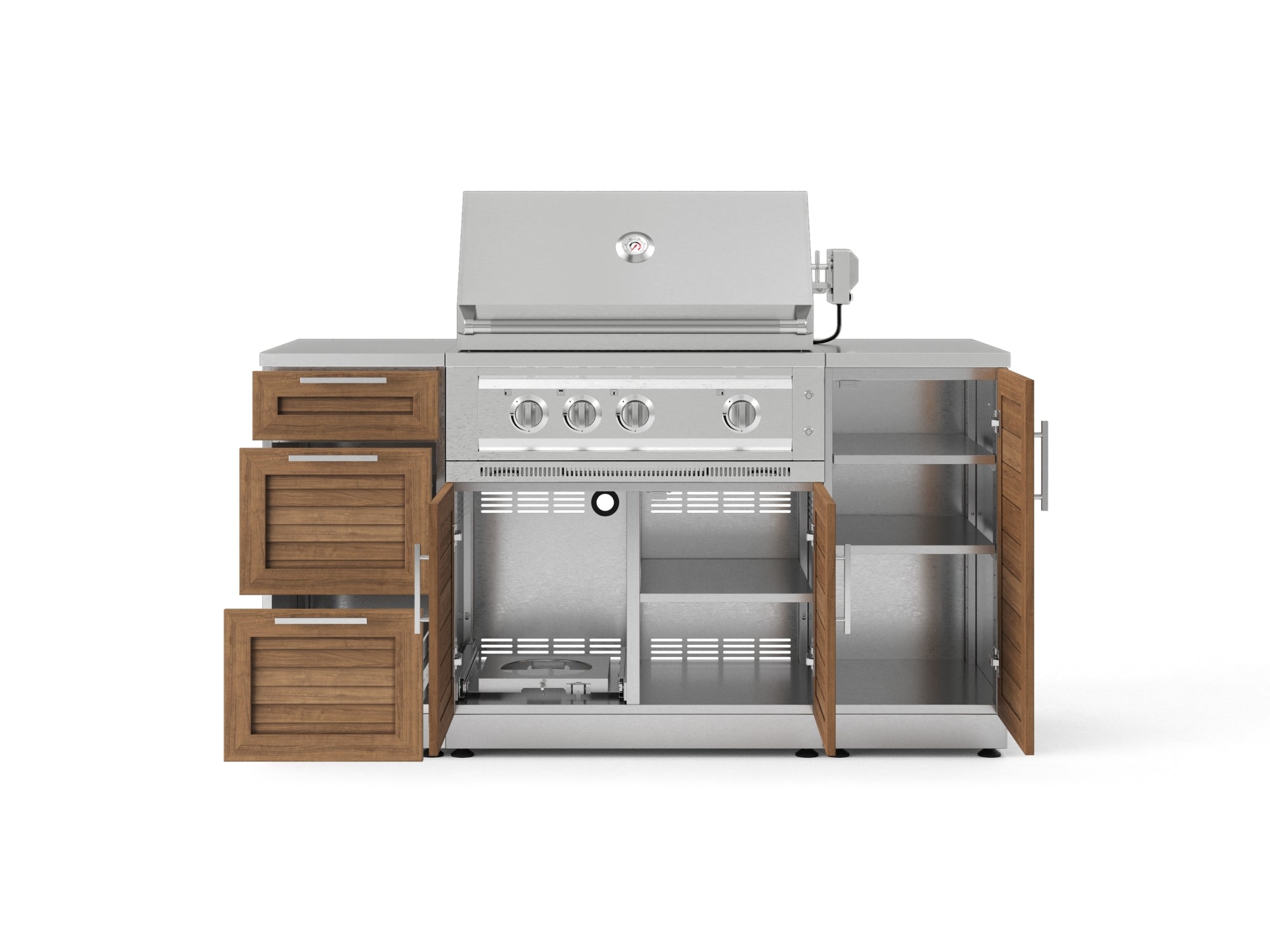 Outdoor Grill Island Stainless-Steel Louvered Doors 6 Piece Cabinet Set with 1 Door, 3 Drawer, Grill Cabinet, Platinum Grill and Countertops