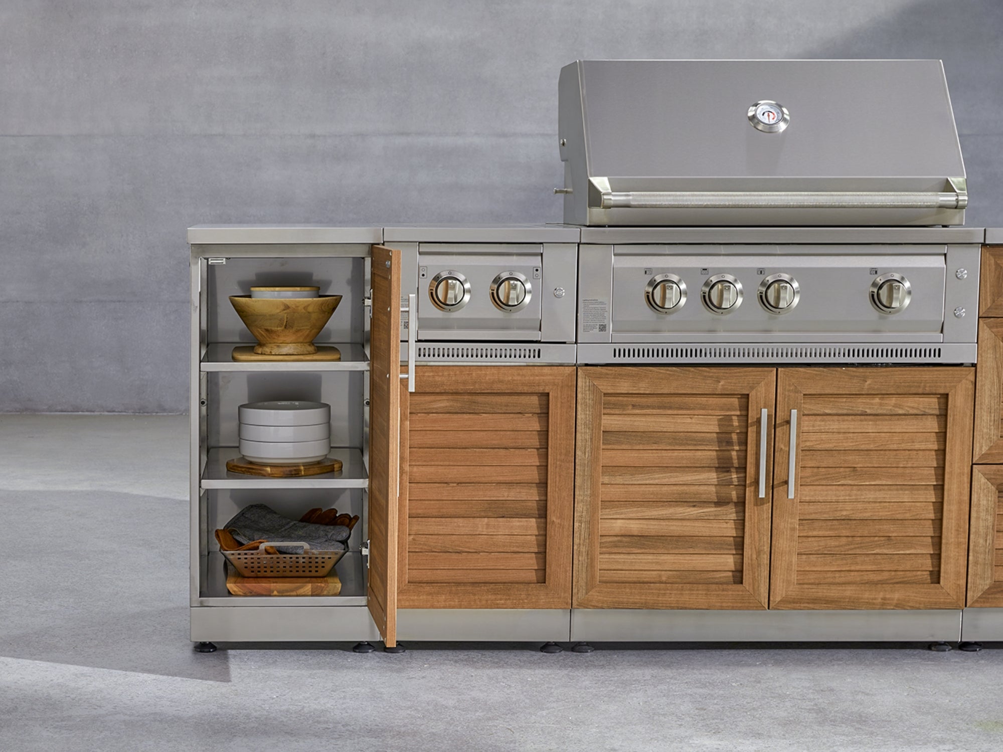 Outdoor Grill Island Stainless-Steel Louvered Doors 6 Piece Cabinet Set with 1 Door, 3 Drawer, Grill Cabinet, Platinum Grill and Countertops
