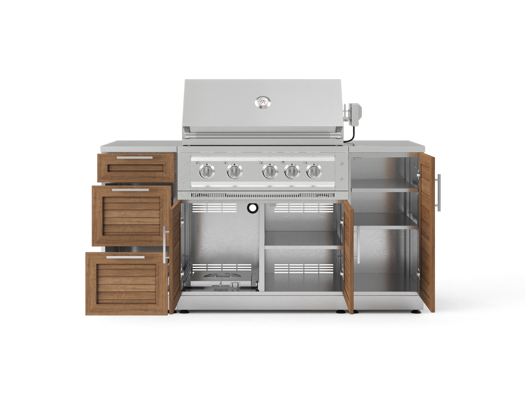 Outdoor Grill Island Stainless-Steel Louvered Doors 6 Piece Cabinet Set with 1 Door, 3 Drawer, Grill Cabinet, Platinum Grill and Countertops