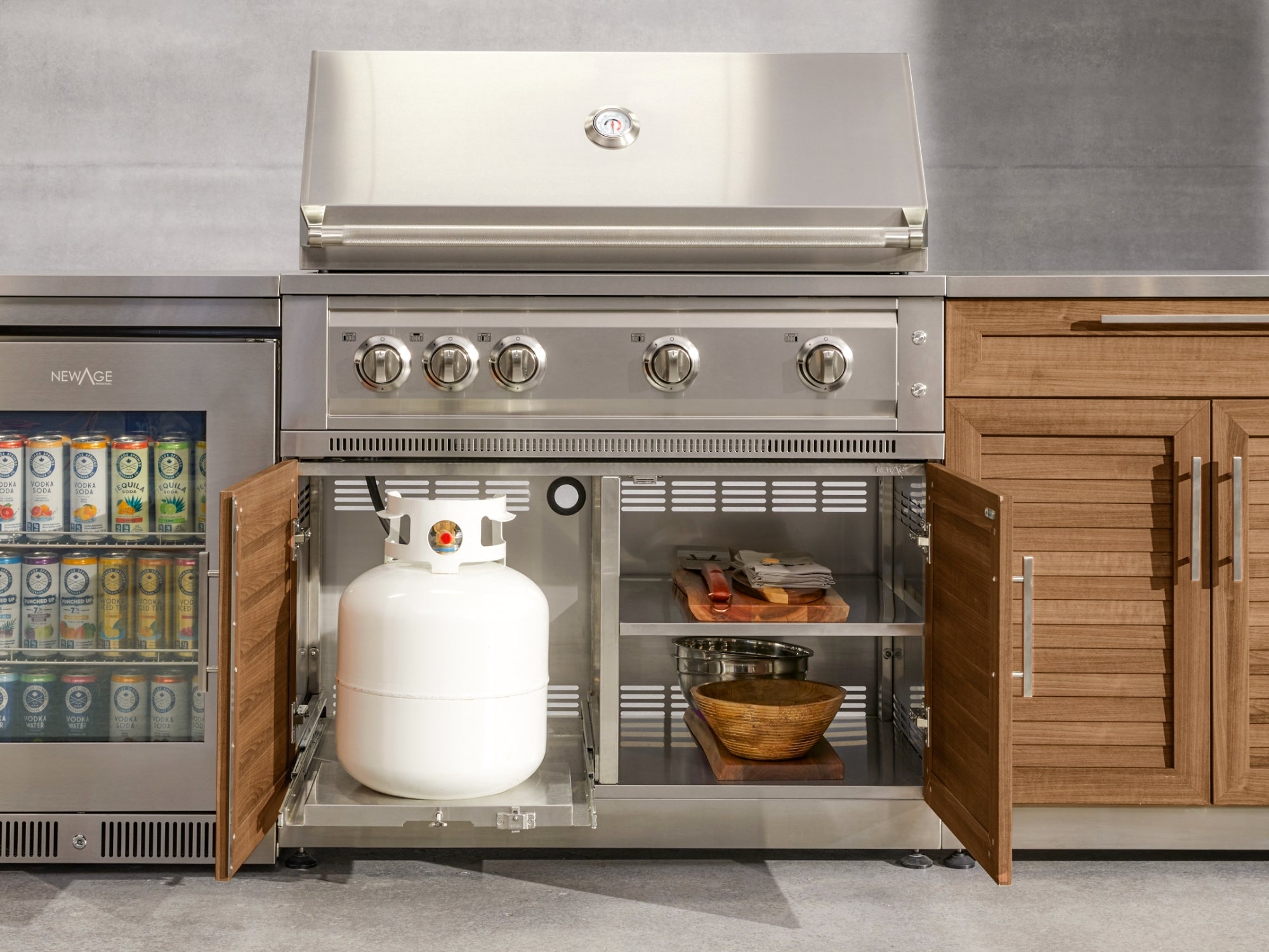 Outdoor Grill Island Stainless-Steel Louvered Doors 6 Piece Cabinet Set with 1 Door, 3 Drawer, Grill Cabinet, Platinum Grill and Countertops
