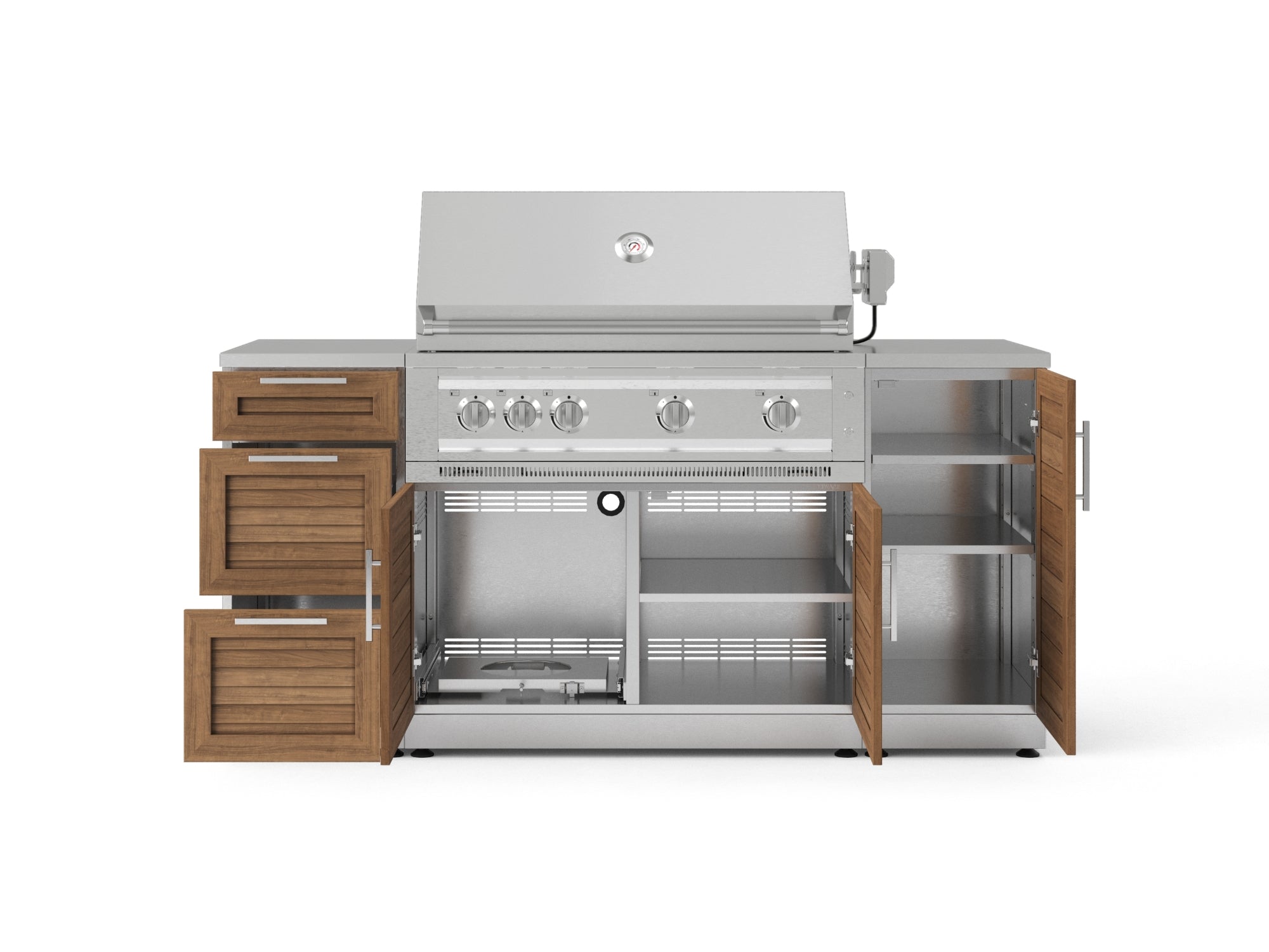 Outdoor Grill Island Stainless-Steel Louvered Doors 6 Piece Cabinet Set with 1 Door, 3 Drawer, Grill Cabinet, Platinum Grill and Countertops
