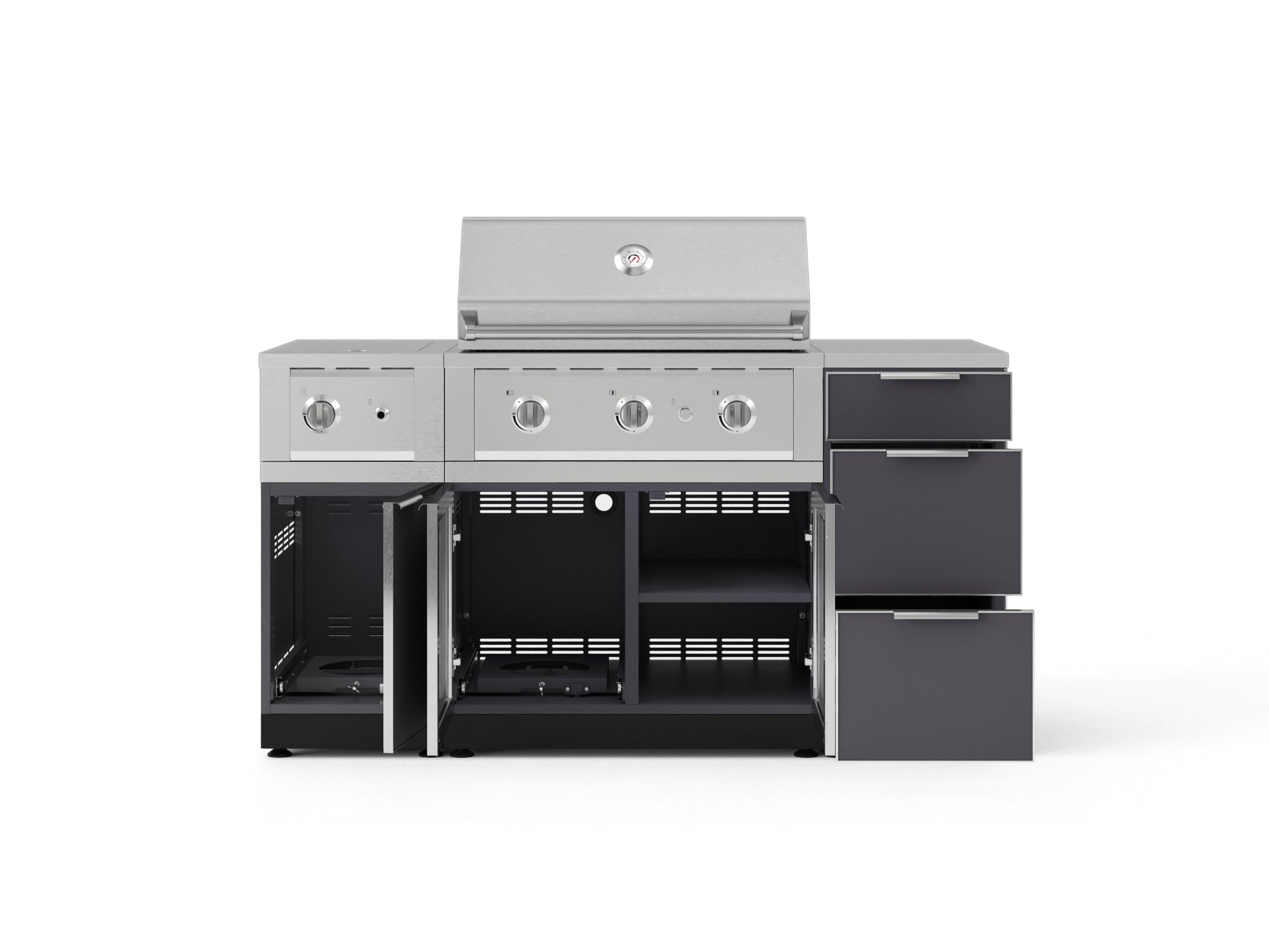 Outdoor Grill Island Aluminum 6 Piece Cabinet Set with 3-Drawer, Grill Cabinet, Performance Grill, Side Burner and Countertop