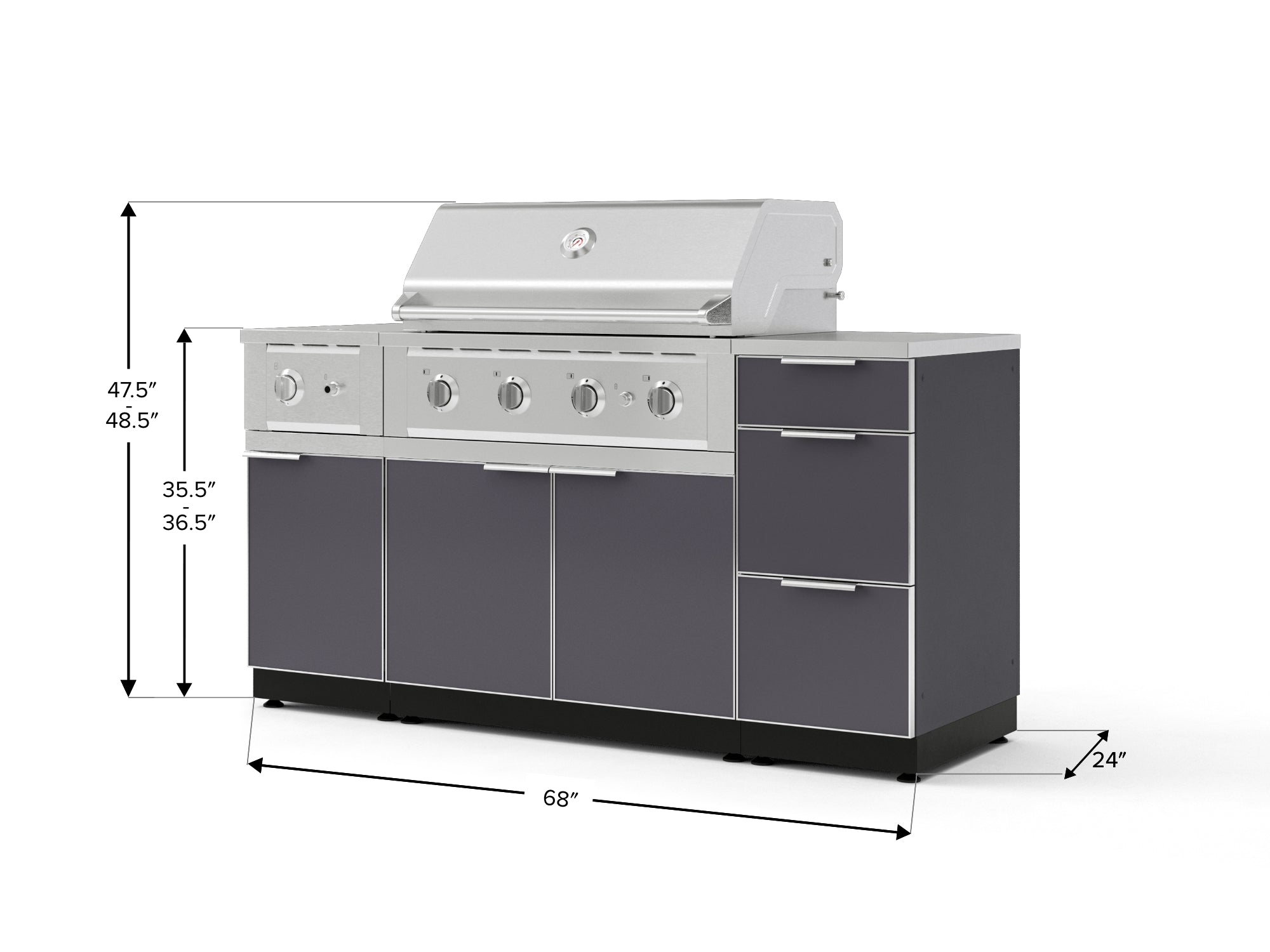 Outdoor Grill Island Aluminum 6 Piece Cabinet Set with 3-Drawer, Grill Cabinet, Performance Grill, Side Burner and Countertop
