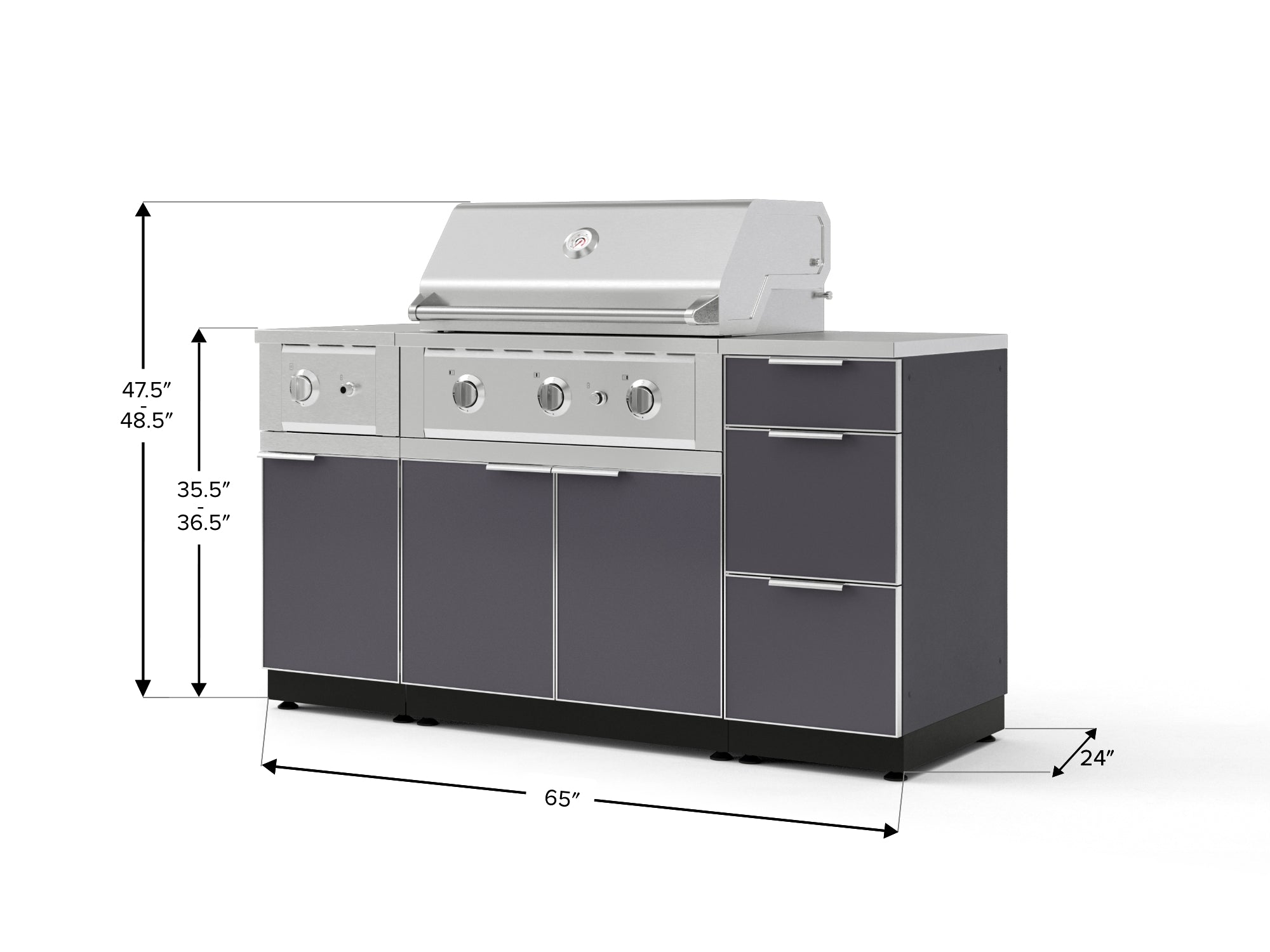 Outdoor Grill Island Aluminum 6 Piece Cabinet Set with 3-Drawer, Grill Cabinet, Performance Grill, Side Burner and Countertop