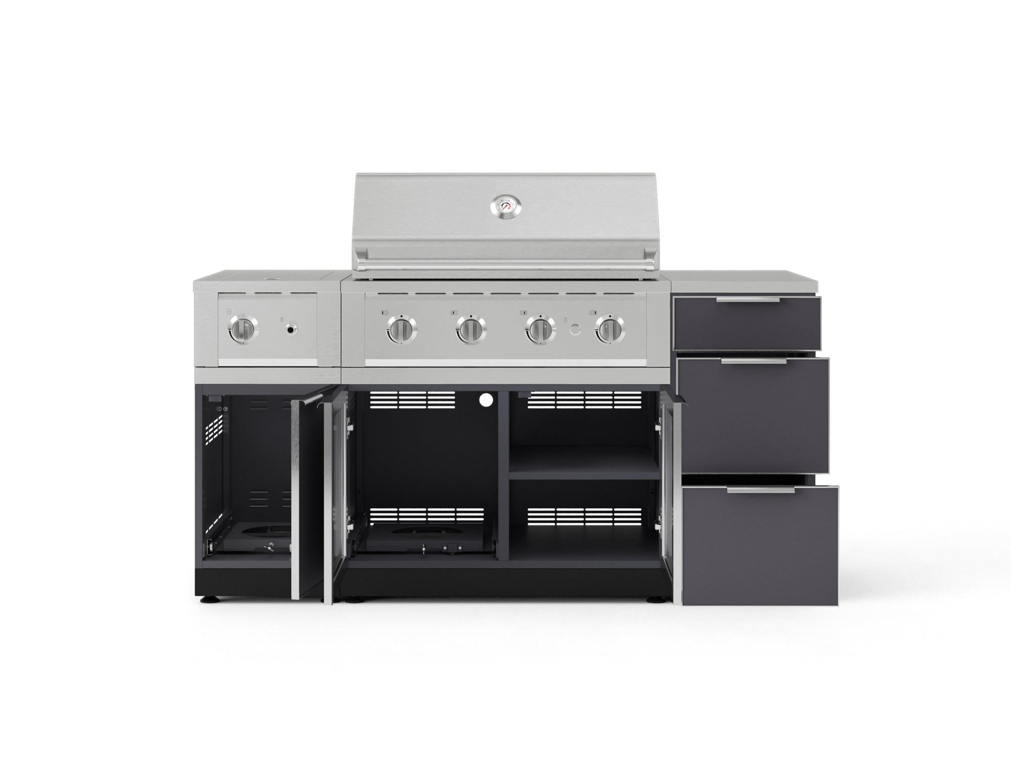 Outdoor Grill Island Aluminum 6 Piece Cabinet Set with 3-Drawer, Grill Cabinet, Performance Grill, Side Burner and Countertop