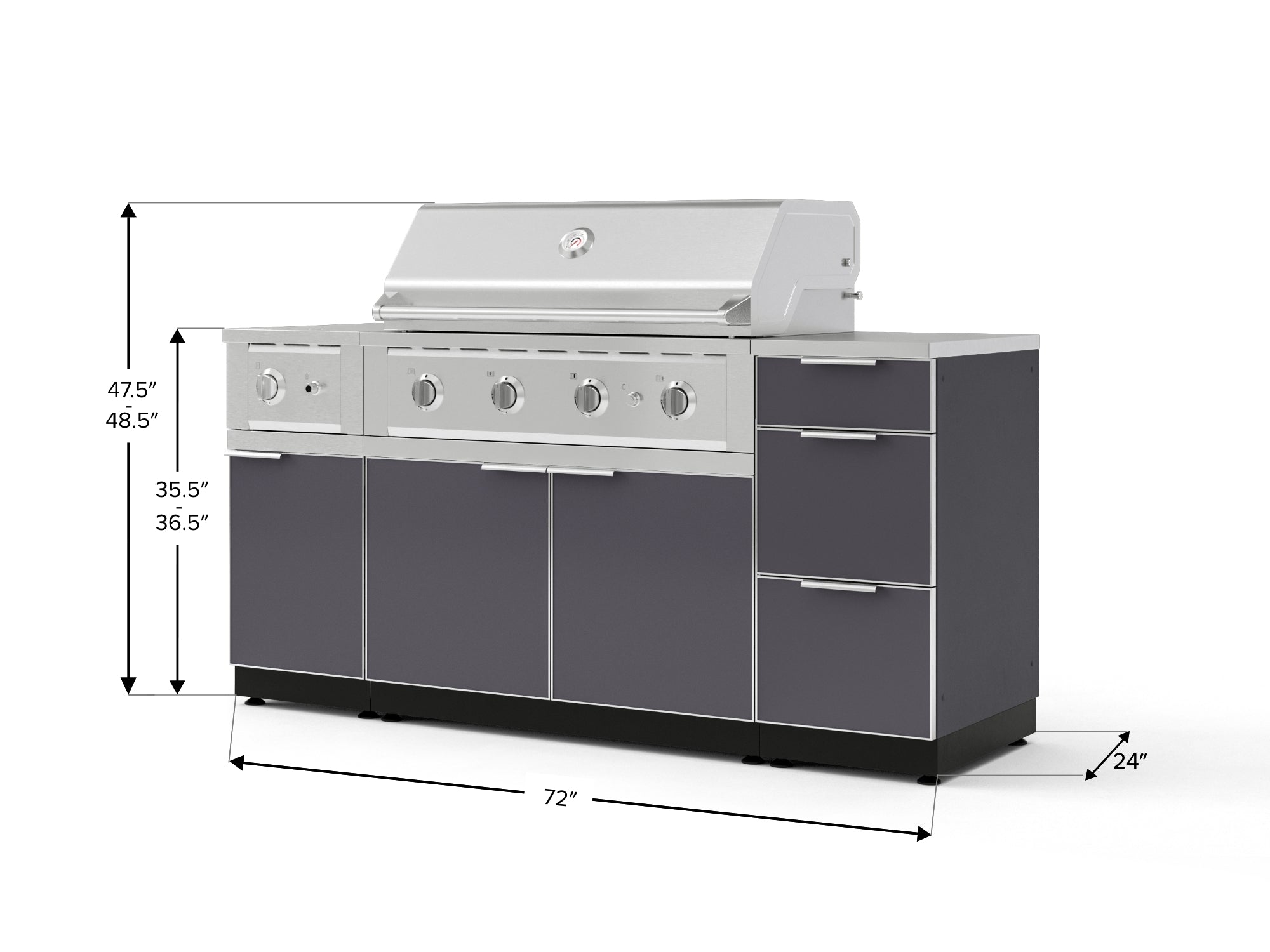 Outdoor Grill Island Aluminum 6 Piece Cabinet Set with 3-Drawer, Grill Cabinet, Performance Grill, Side Burner and Countertop