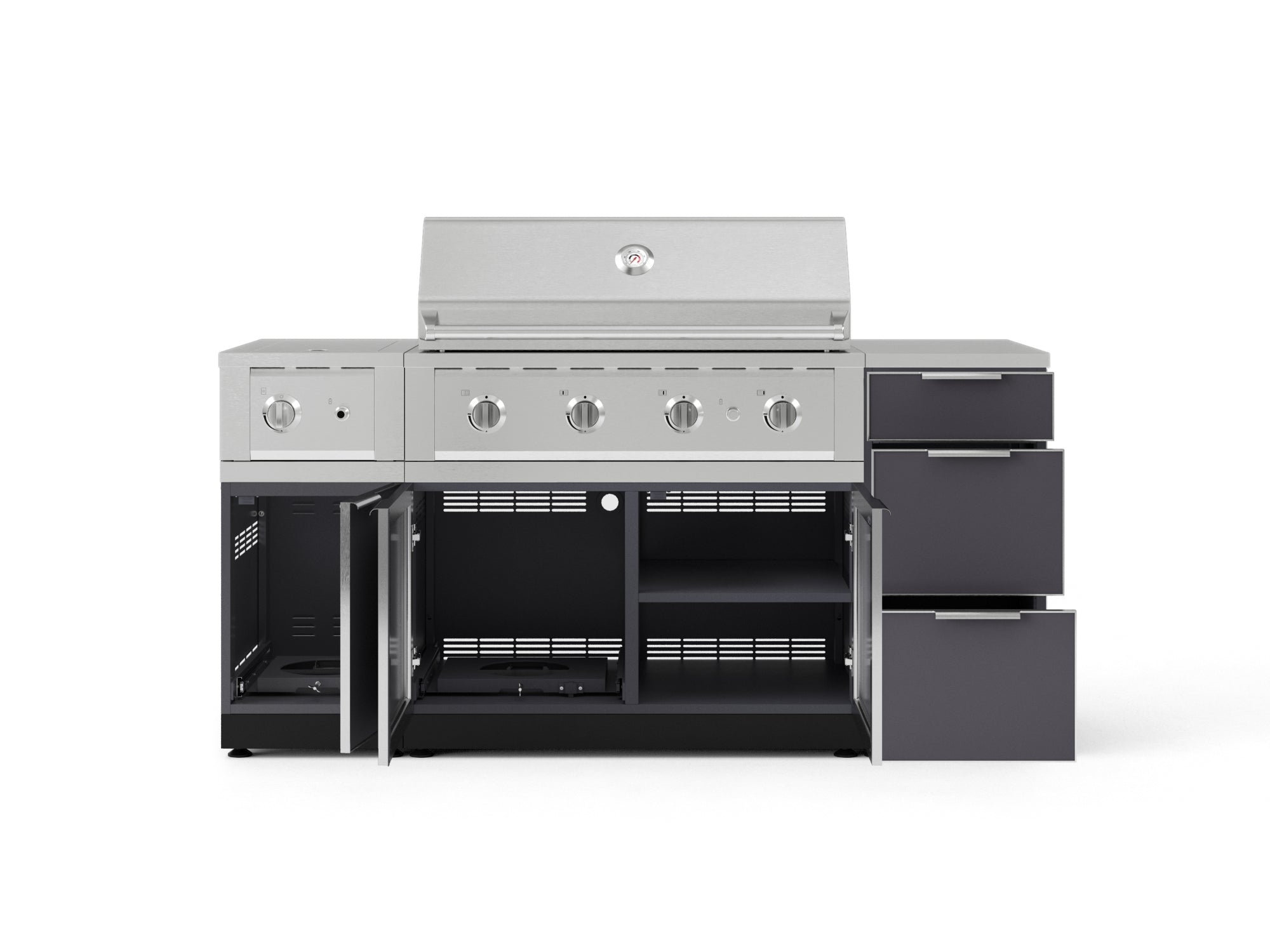 Outdoor Grill Island Aluminum 6 Piece Cabinet Set with 3-Drawer, Grill Cabinet, Performance Grill, Side Burner and Countertop