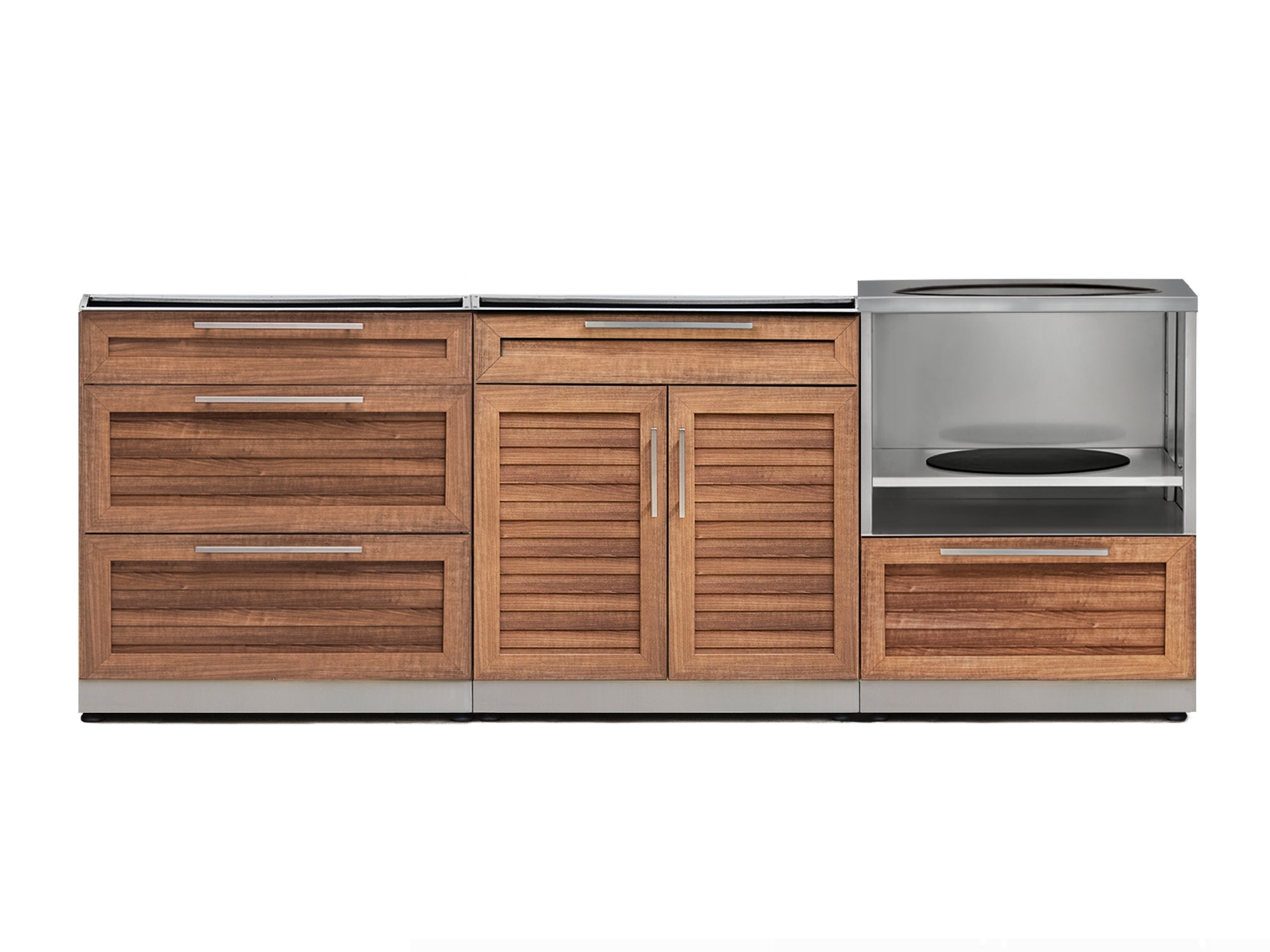 Outdoor Kitchen Stainless Steel Louvered Doors 3 Piece Cabinet Set with 3-Drawer, Bar and Kamado Cabinet