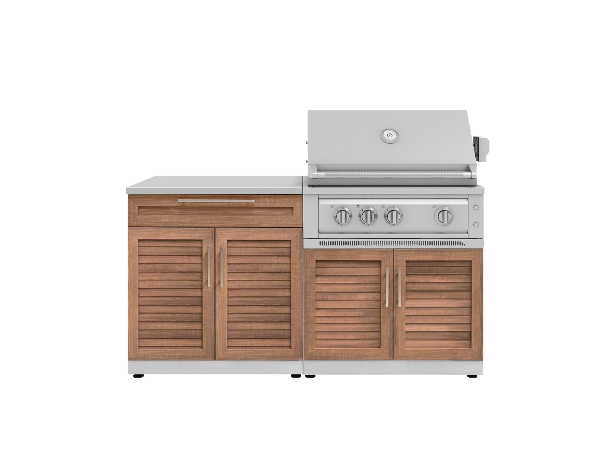Outdoor Kitchen Stainless-Steel Louvered Doors 4 Piece Cabinet Set with Bar, Grill Cabinet, Platinum Grill, and Countertop
