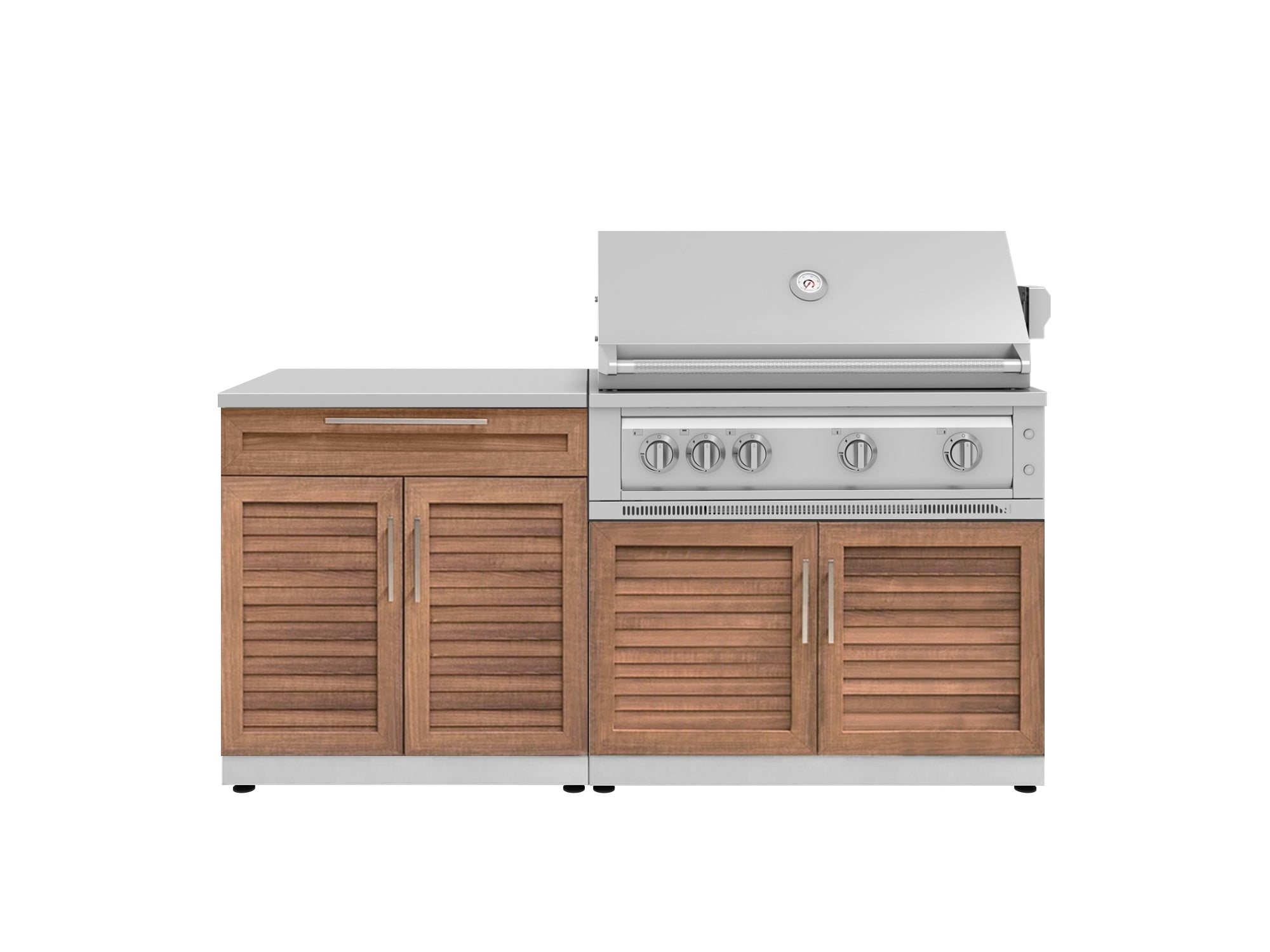 Outdoor Kitchen Stainless-Steel Louvered Doors 4 Piece Cabinet Set with Bar, Grill Cabinet, Platinum Grill, and Countertop