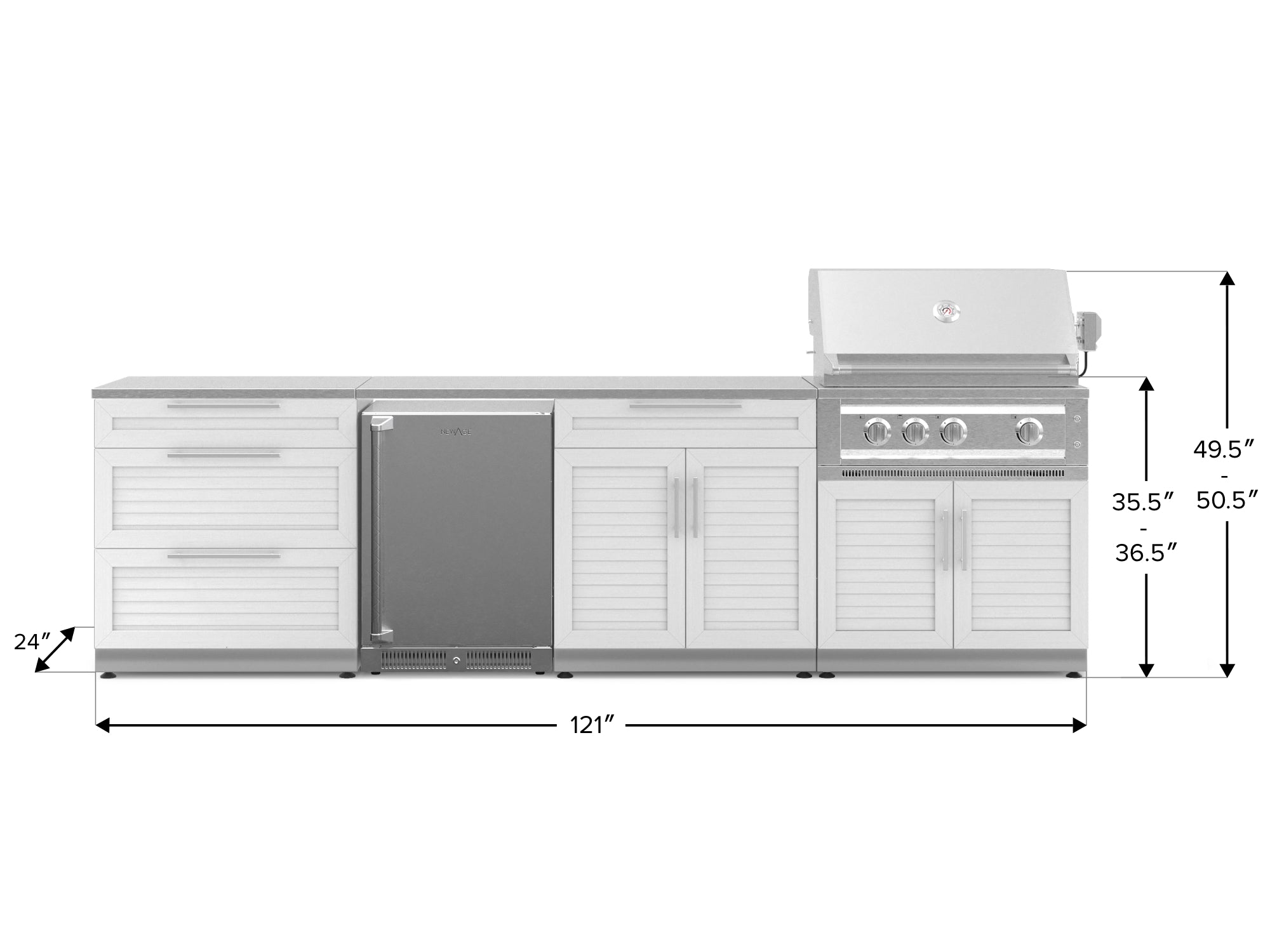 Outdoor Kitchen Stainless Steel Louvered Doors 7 Piece Cabinet Set with 3-Drawer, Bar, Grill Cabinet, Platinum Grill, Countertop, and Stainless Steel Door Fridge