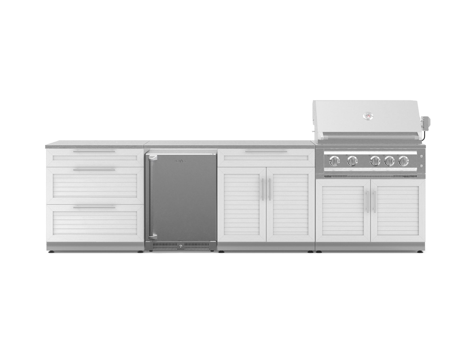 Outdoor Kitchen Stainless Steel Louvered Doors 7 Piece Cabinet Set with 3-Drawer, Bar, Grill Cabinet, Platinum Grill, Countertop, and Stainless Steel Door Fridge
