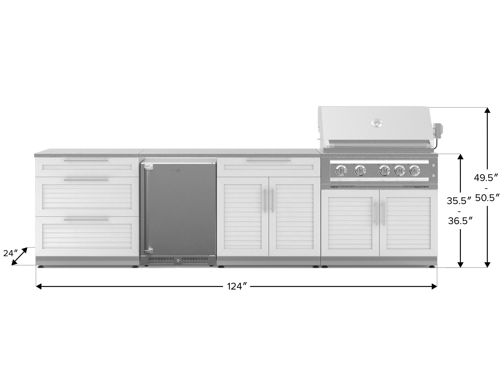 Outdoor Kitchen Stainless Steel Louvered Doors 7 Piece Cabinet Set with 3-Drawer, Bar, Grill Cabinet, Platinum Grill, Countertop, and Stainless Steel Door Fridge
