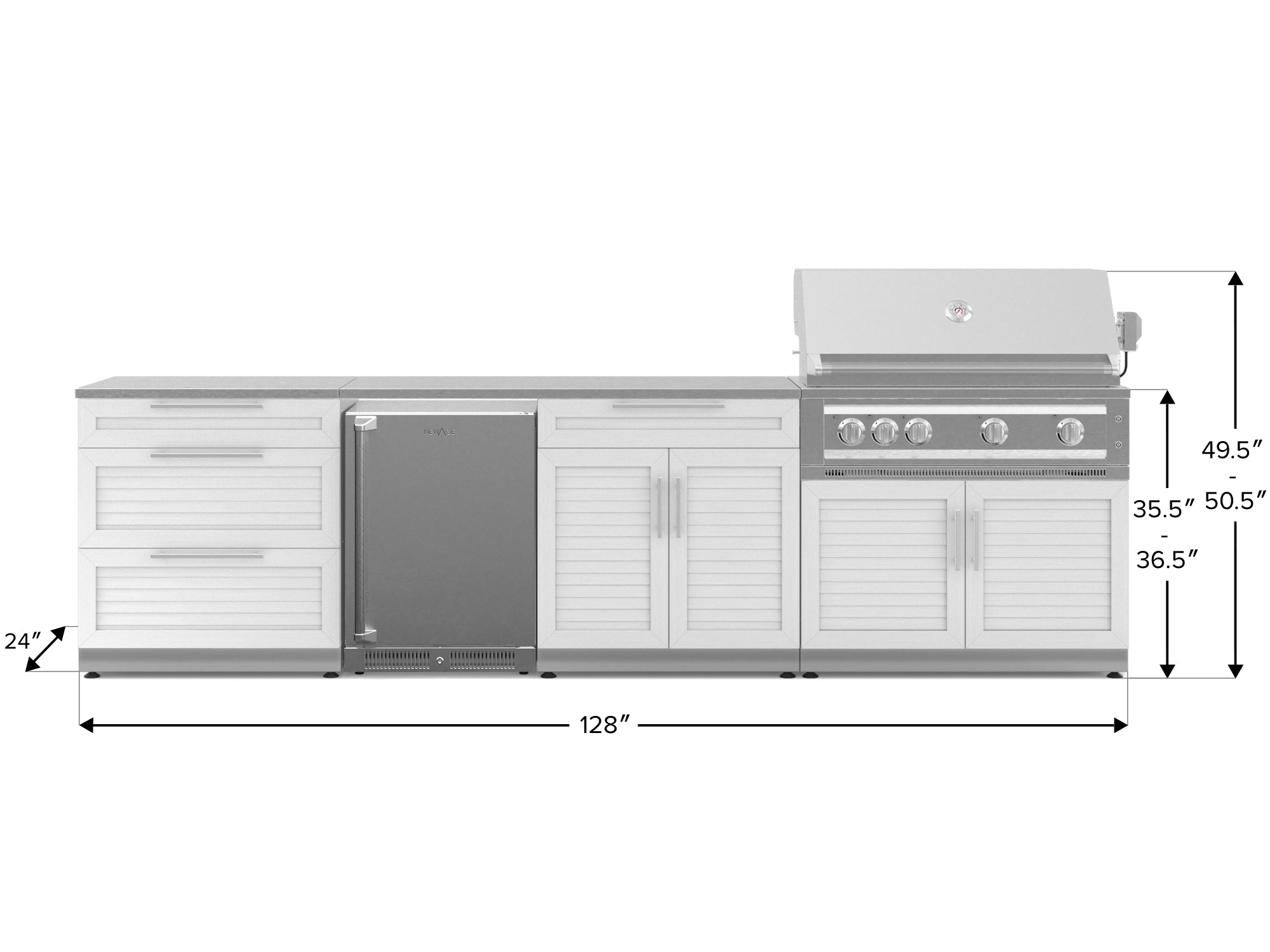 Outdoor Kitchen Stainless Steel Louvered Doors 7 Piece Cabinet Set with 3-Drawer, Bar, Grill Cabinet, Platinum Grill, Countertop, and Stainless Steel Door Fridge