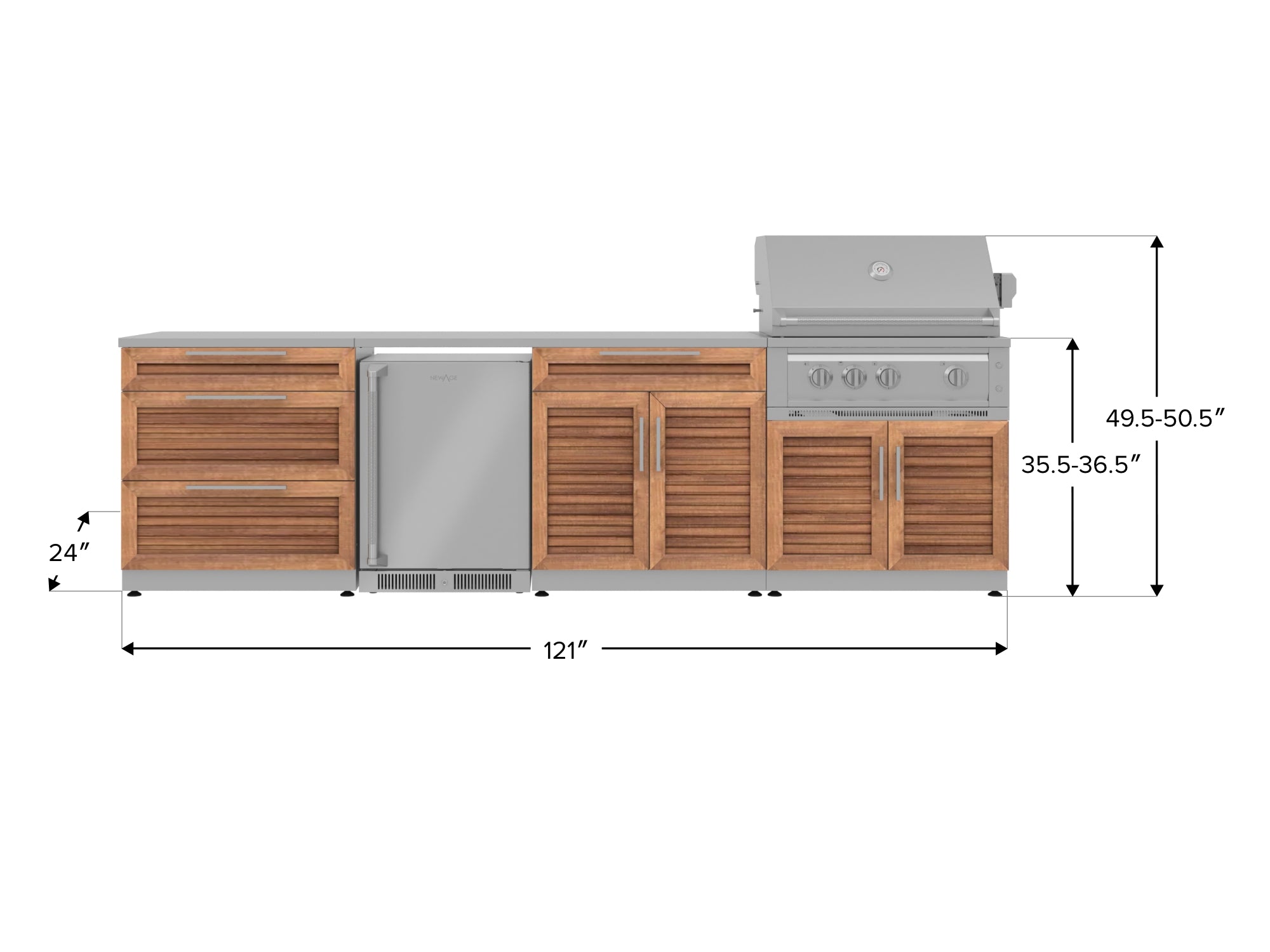 Outdoor Kitchen Stainless Steel Louvered Doors 7 Piece Cabinet Set with 3-Drawer, Bar, Grill Cabinet, Platinum Grill, Countertop, and Stainless Steel Door Fridge