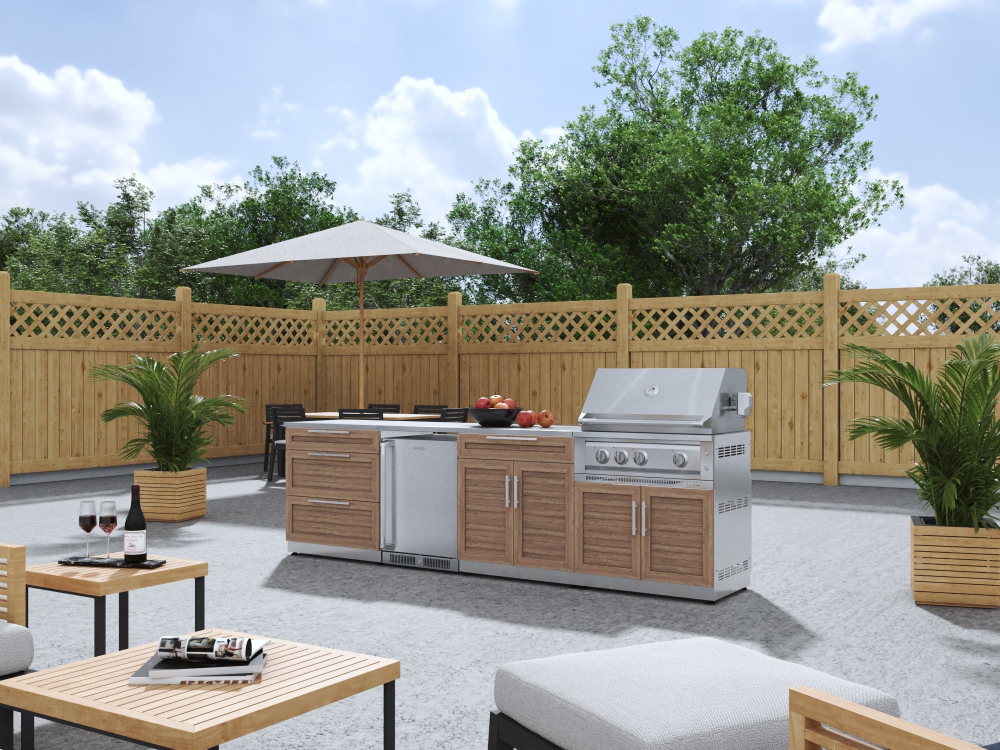 Outdoor Kitchen Stainless Steel Louvered Doors 7 Piece Cabinet Set with 3-Drawer, Bar, Grill Cabinet, Platinum Grill, Countertop, and Stainless Steel Door Fridge