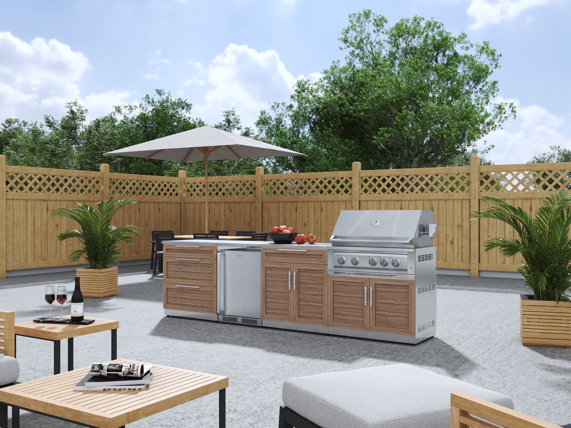 Outdoor Kitchen Stainless Steel Louvered Doors 7 Piece Cabinet Set with 3-Drawer, Bar, Grill Cabinet, Platinum Grill, Countertop, and Stainless Steel Door Fridge