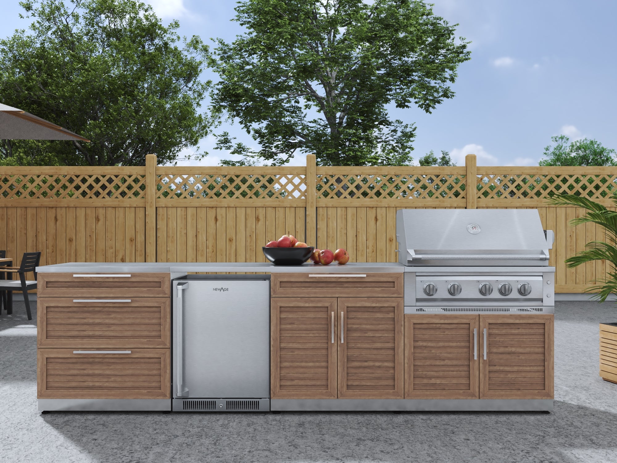 Outdoor Kitchen Stainless Steel Louvered Doors 7 Piece Cabinet Set with 3-Drawer, Bar, Grill Cabinet, Platinum Grill, Countertop, and Stainless Steel Door Fridge