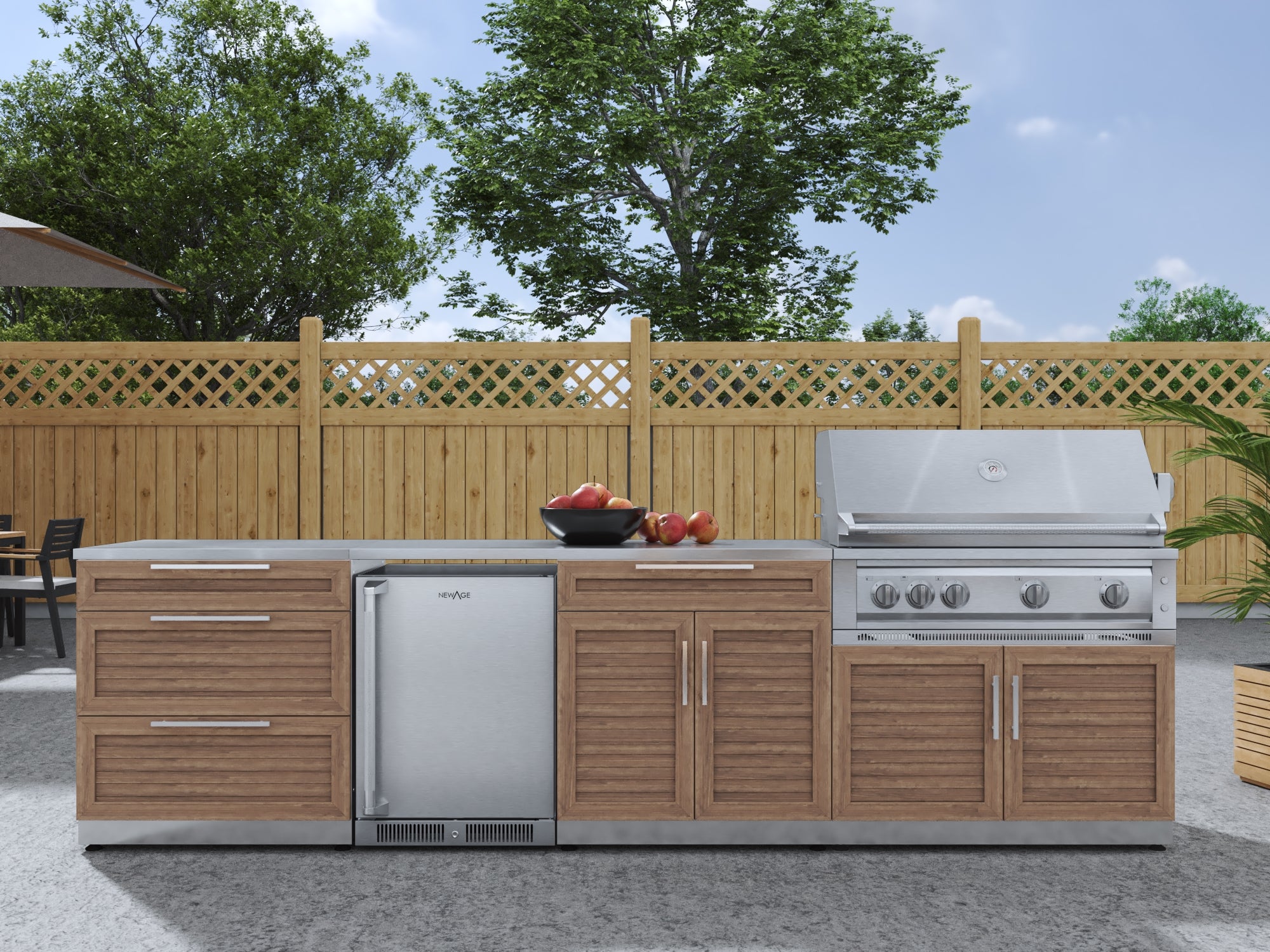 Outdoor Kitchen Stainless Steel Louvered Doors 7 Piece Cabinet Set with 3-Drawer, Bar, Grill Cabinet, Platinum Grill, Countertop, and Stainless Steel Door Fridge