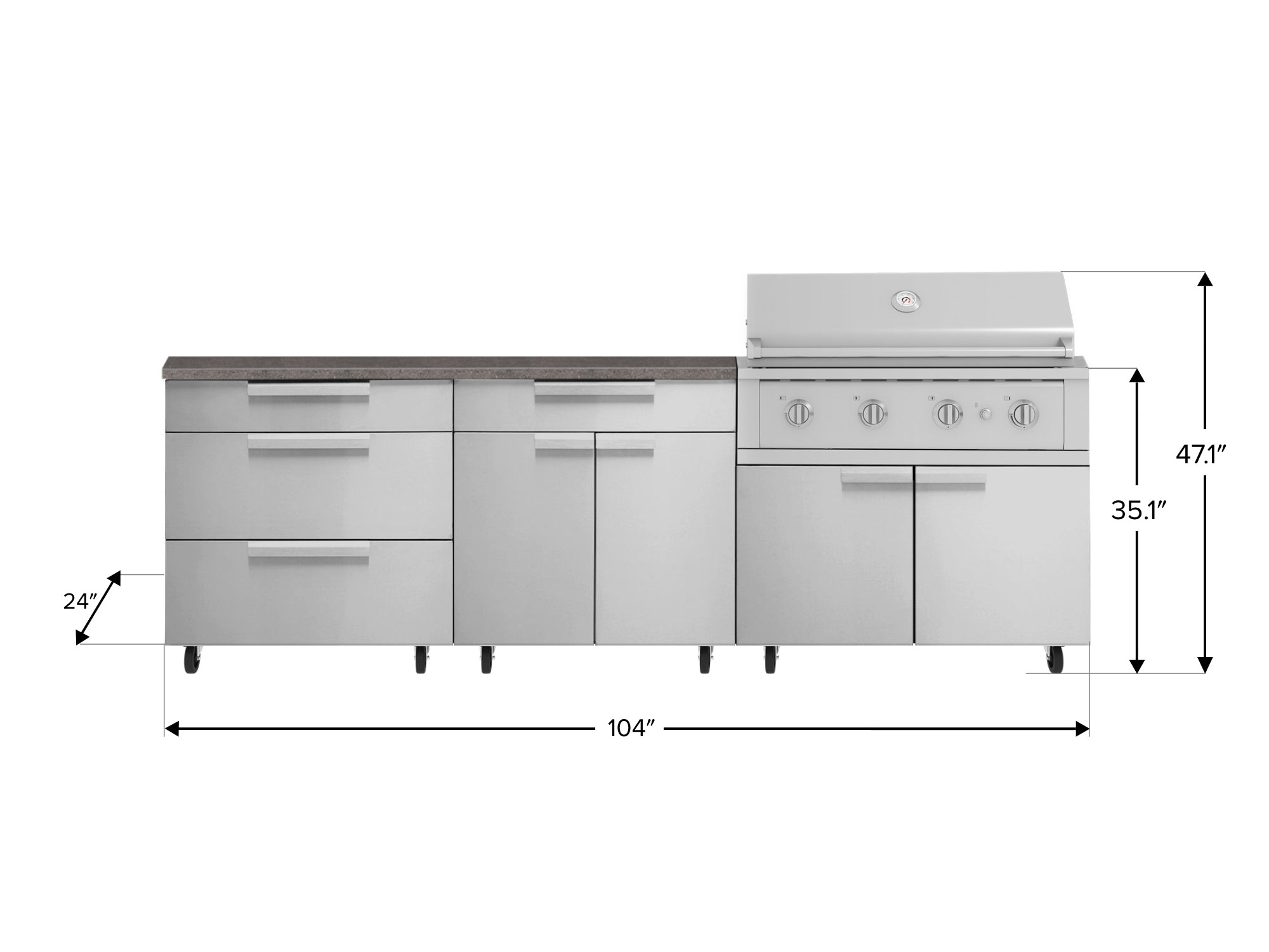Outdoor Kitchen Stainless Steel 5 Piece Cabinet Set with Casters and 3 Drawer, Bar, Grill Cabinet, Performance Grill, Countertop