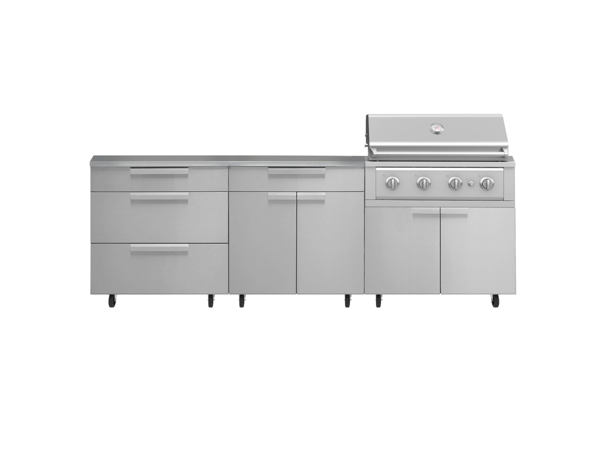 Outdoor Kitchen Stainless Steel 5 Piece Cabinet Set with Casters and 3 Drawer, Bar, Grill Cabinet, Performance Grill, Countertop