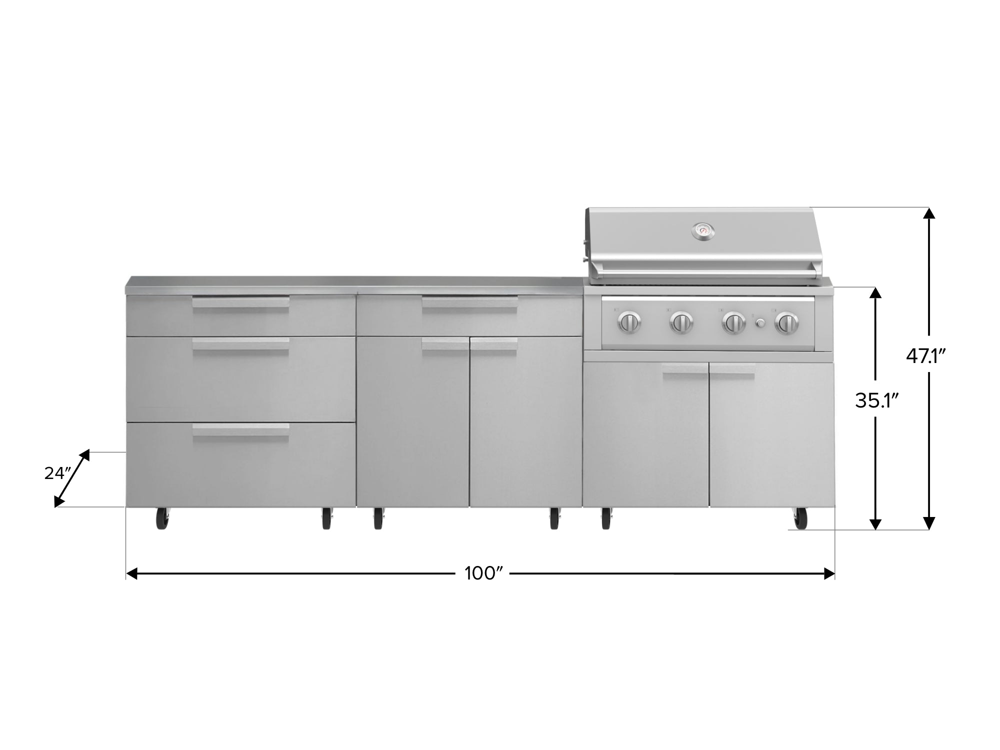 Outdoor Kitchen Stainless Steel 5 Piece Cabinet Set with Casters and 3 Drawer, Bar, Grill Cabinet, Performance Grill, Countertop
