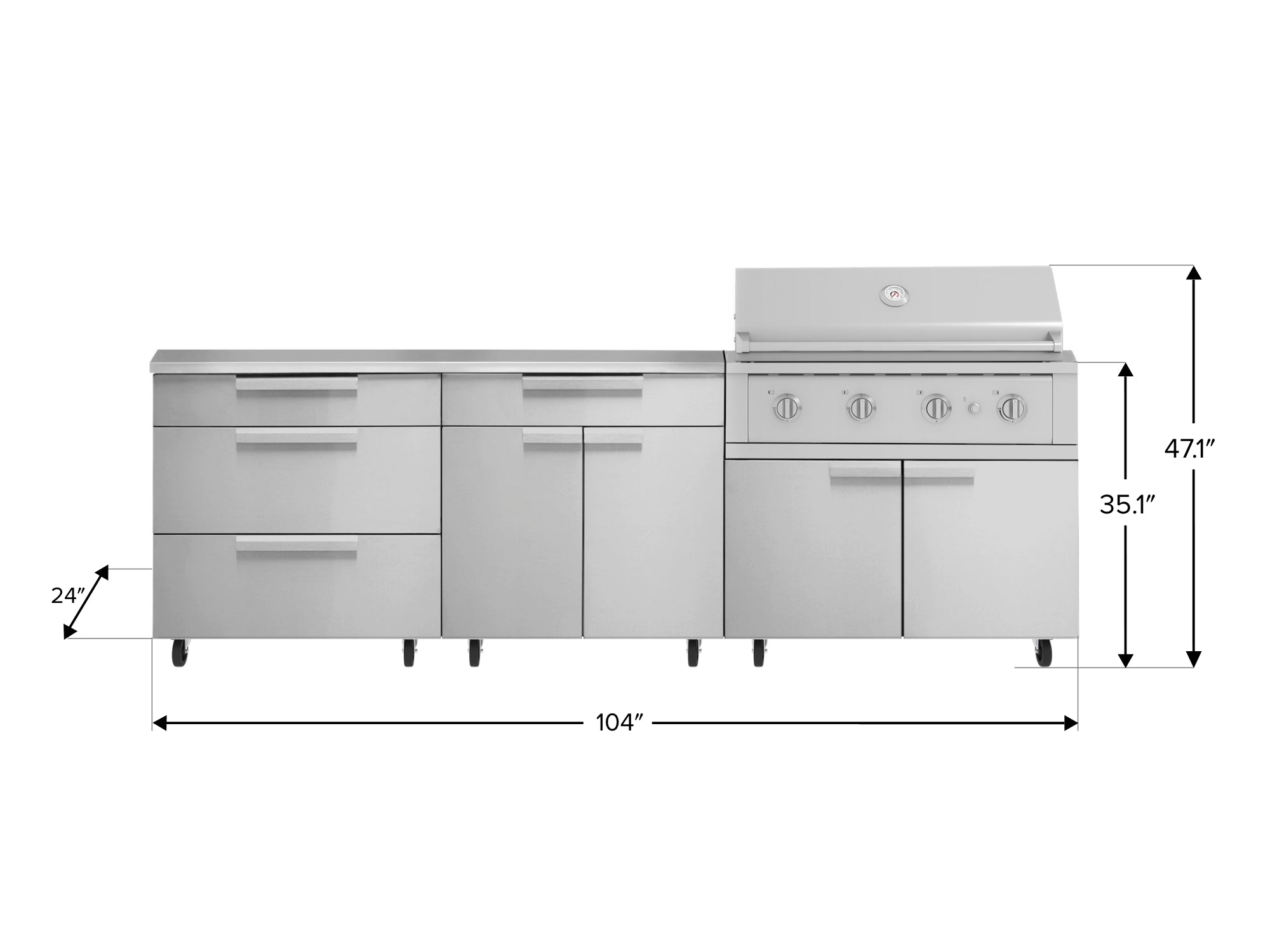 Outdoor Kitchen Stainless Steel 5 Piece Cabinet Set with Casters and 3 Drawer, Bar, Grill Cabinet, Performance Grill, Countertop