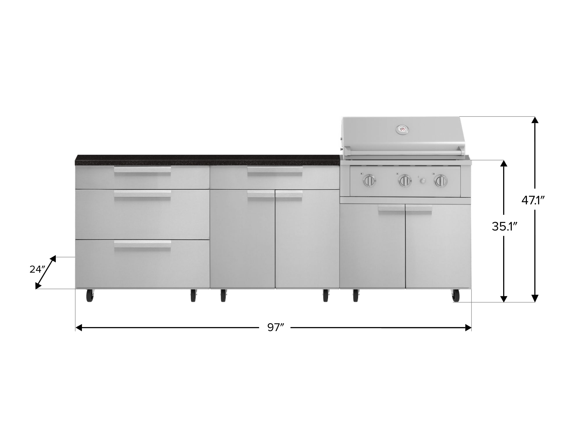 Outdoor Kitchen Stainless Steel 5 Piece Cabinet Set with Casters and 3 Drawer, Bar, Grill Cabinet, Performance Grill, Countertop