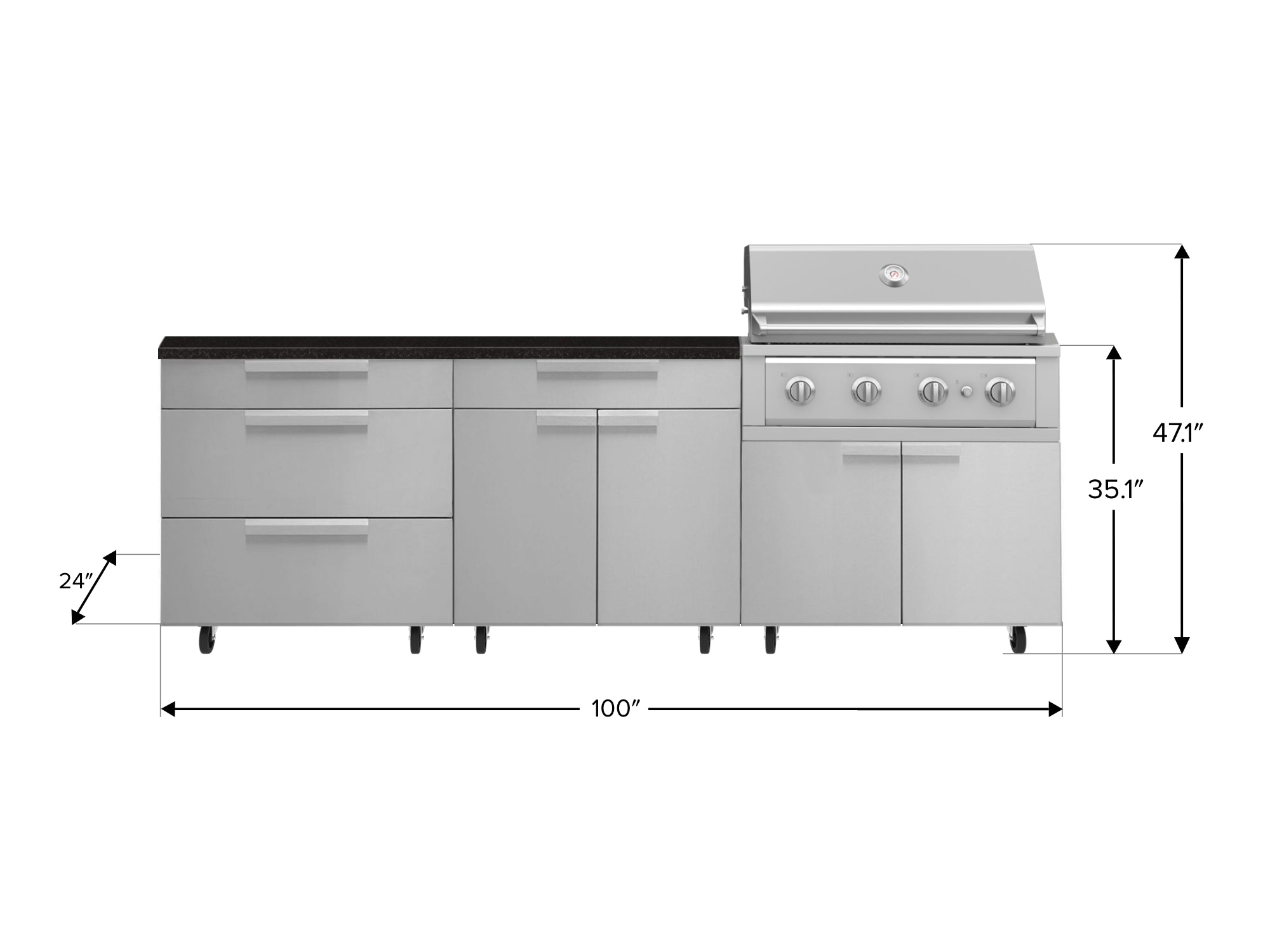 Outdoor Kitchen Stainless Steel 5 Piece Cabinet Set with Casters and 3 Drawer, Bar, Grill Cabinet, Performance Grill, Countertop