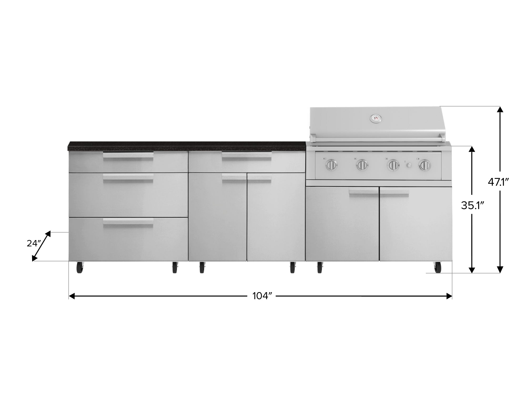 Outdoor Kitchen Stainless Steel 5 Piece Cabinet Set with Casters and 3 Drawer, Bar, Grill Cabinet, Performance Grill, Countertop