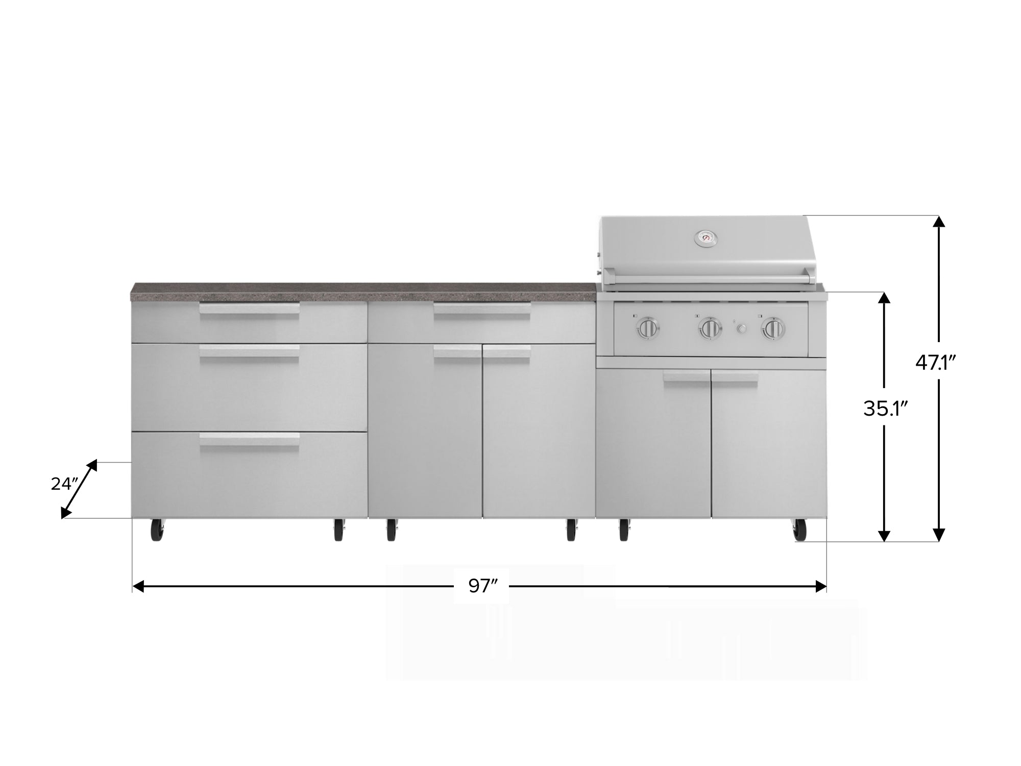 Outdoor Kitchen Stainless Steel 5 Piece Cabinet Set with Casters and 3 Drawer, Bar, Grill Cabinet, Performance Grill, Countertop