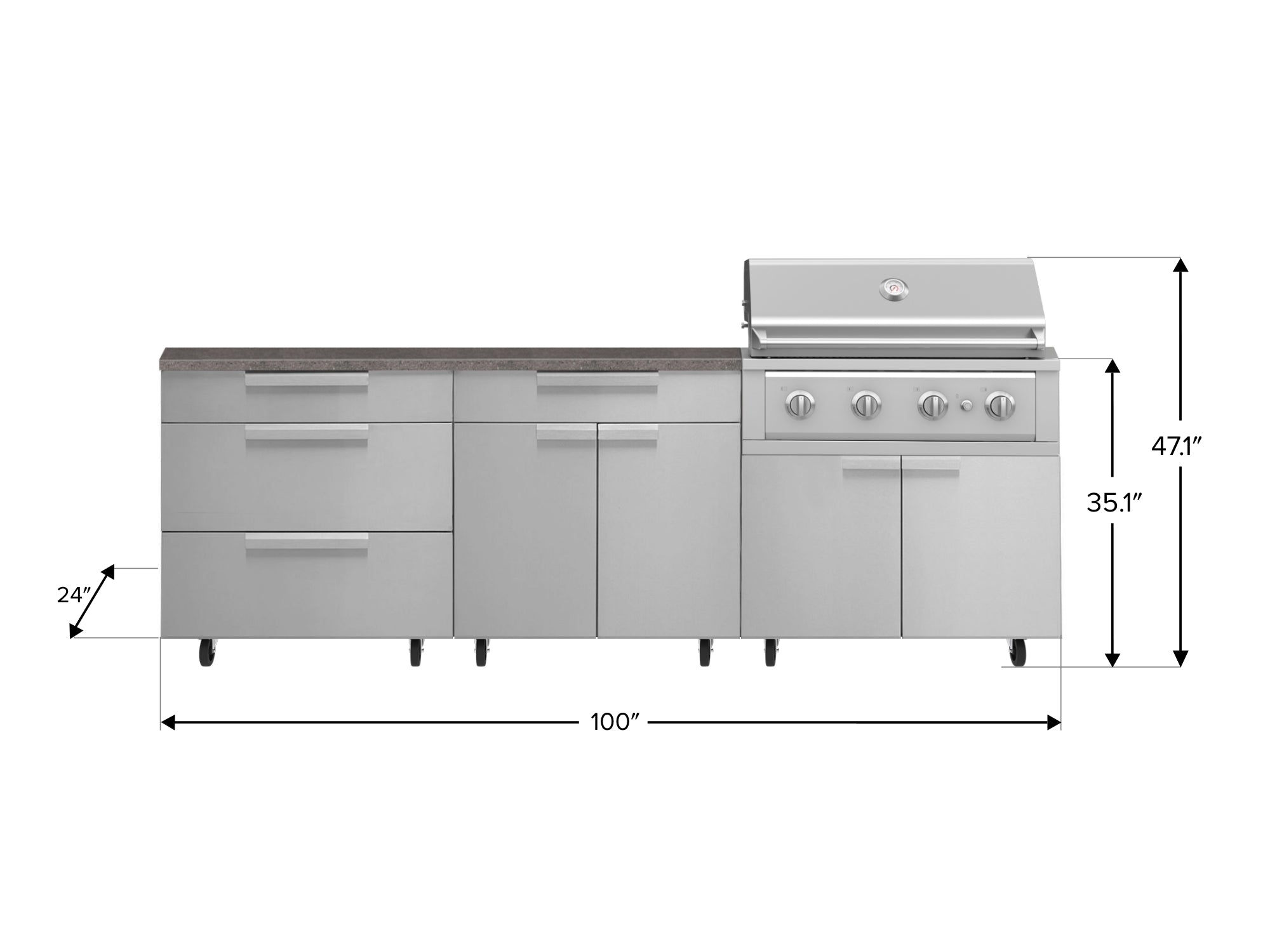 Outdoor Kitchen Stainless Steel 5 Piece Cabinet Set with Casters and 3 Drawer, Bar, Grill Cabinet, Performance Grill, Countertop