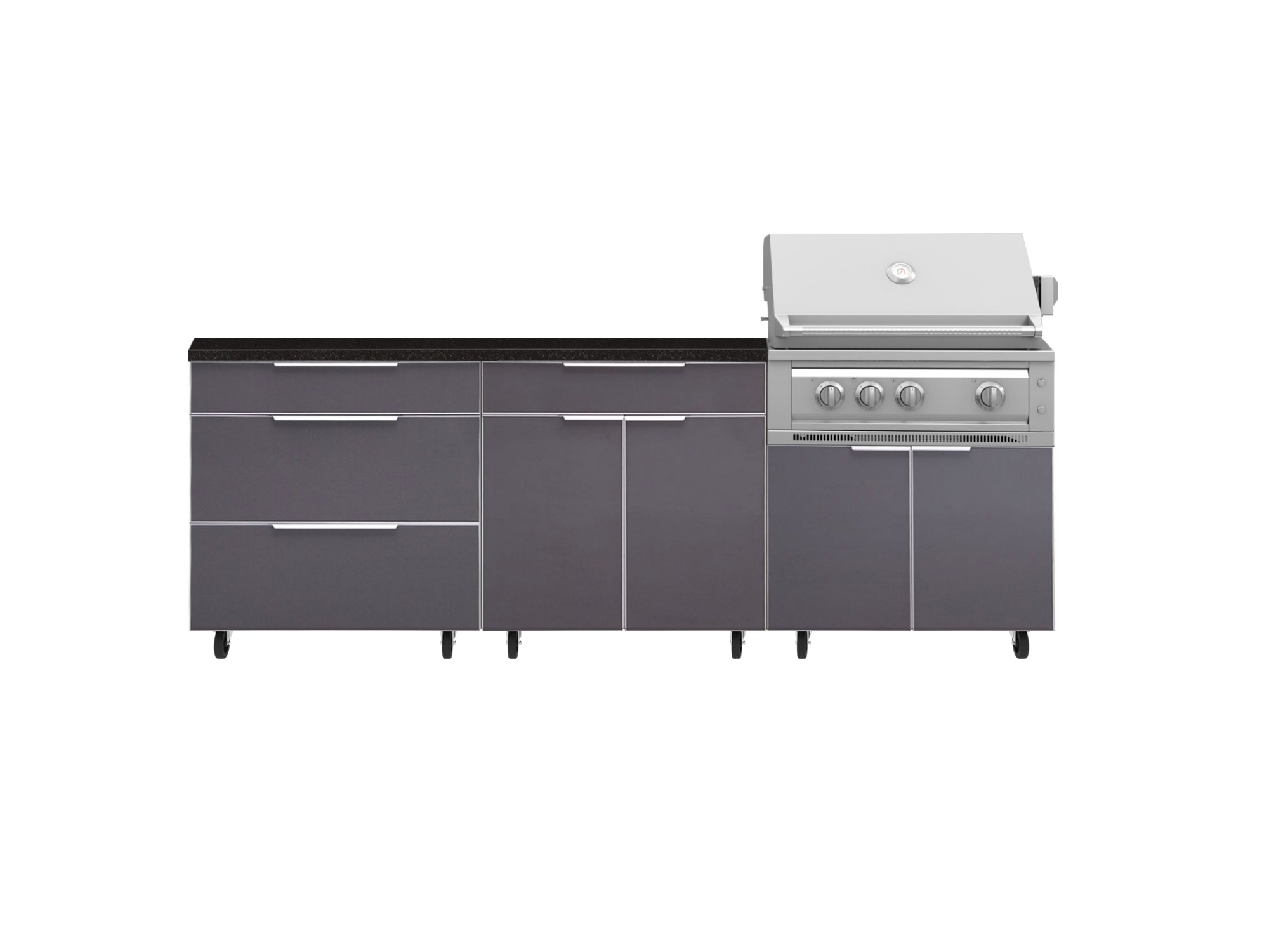 Outdoor Kitchen Aluminum 5 Piece Cabinet Set With Casters and 3 Drawer, Bar, Grill Cabinet, Platinum Grill, Countertop