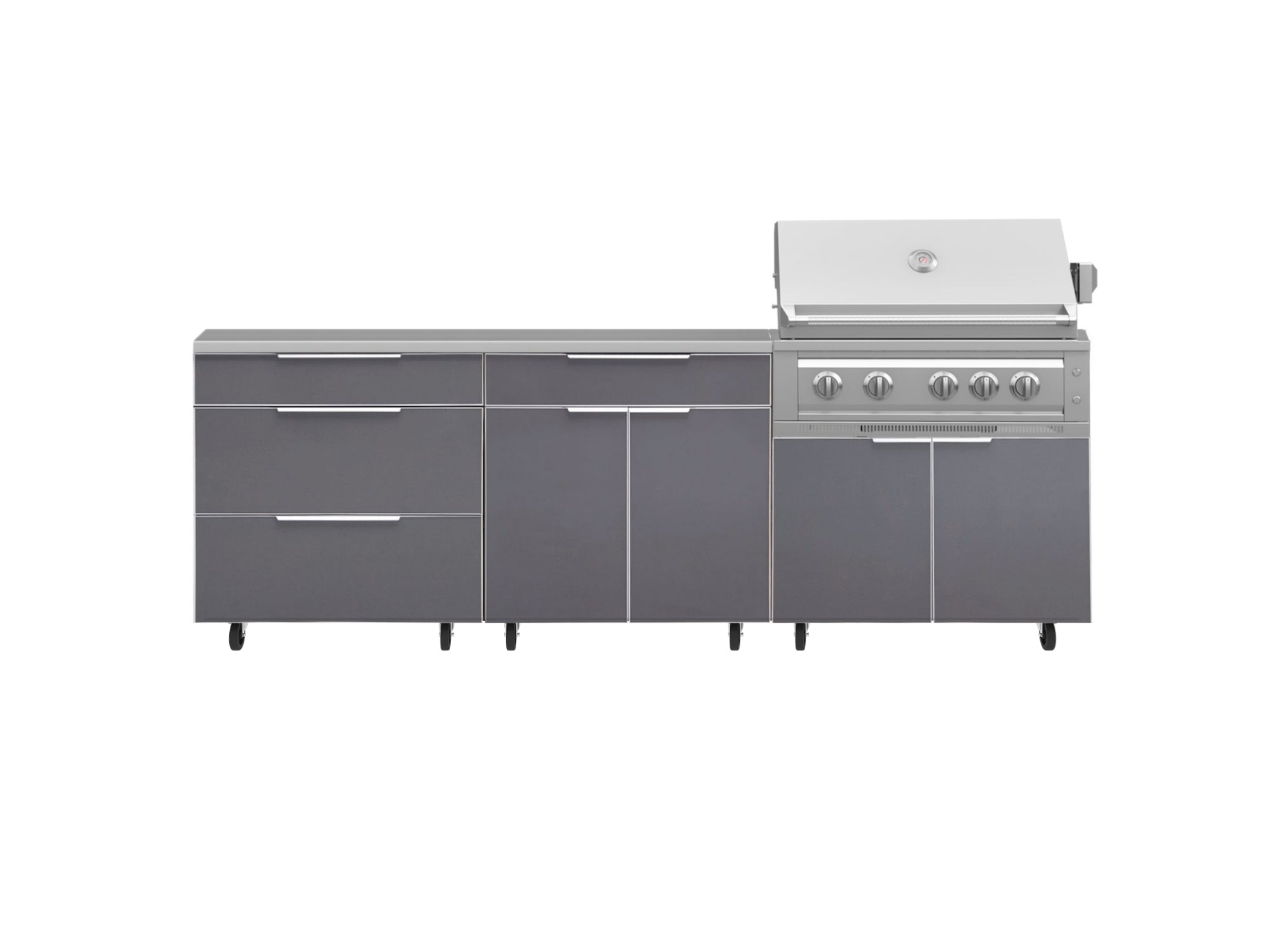 Outdoor Kitchen Aluminum 5 Piece Cabinet Set With Casters and 3 Drawer, Bar, Grill Cabinet, Platinum Grill, Countertop