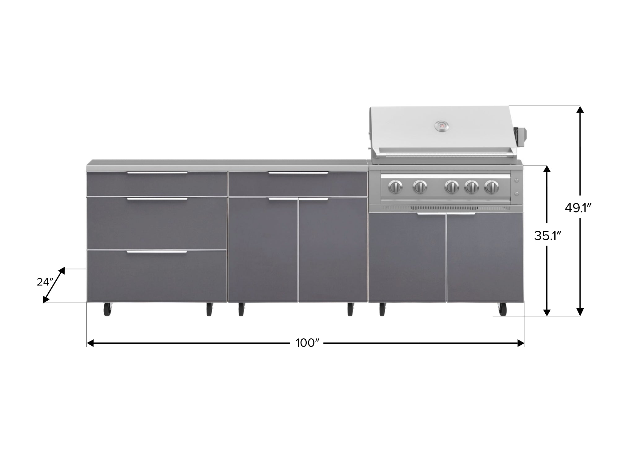 Outdoor Kitchen Aluminum 5 Piece Cabinet Set With Casters and 3 Drawer, Bar, Grill Cabinet, Platinum Grill, Countertop