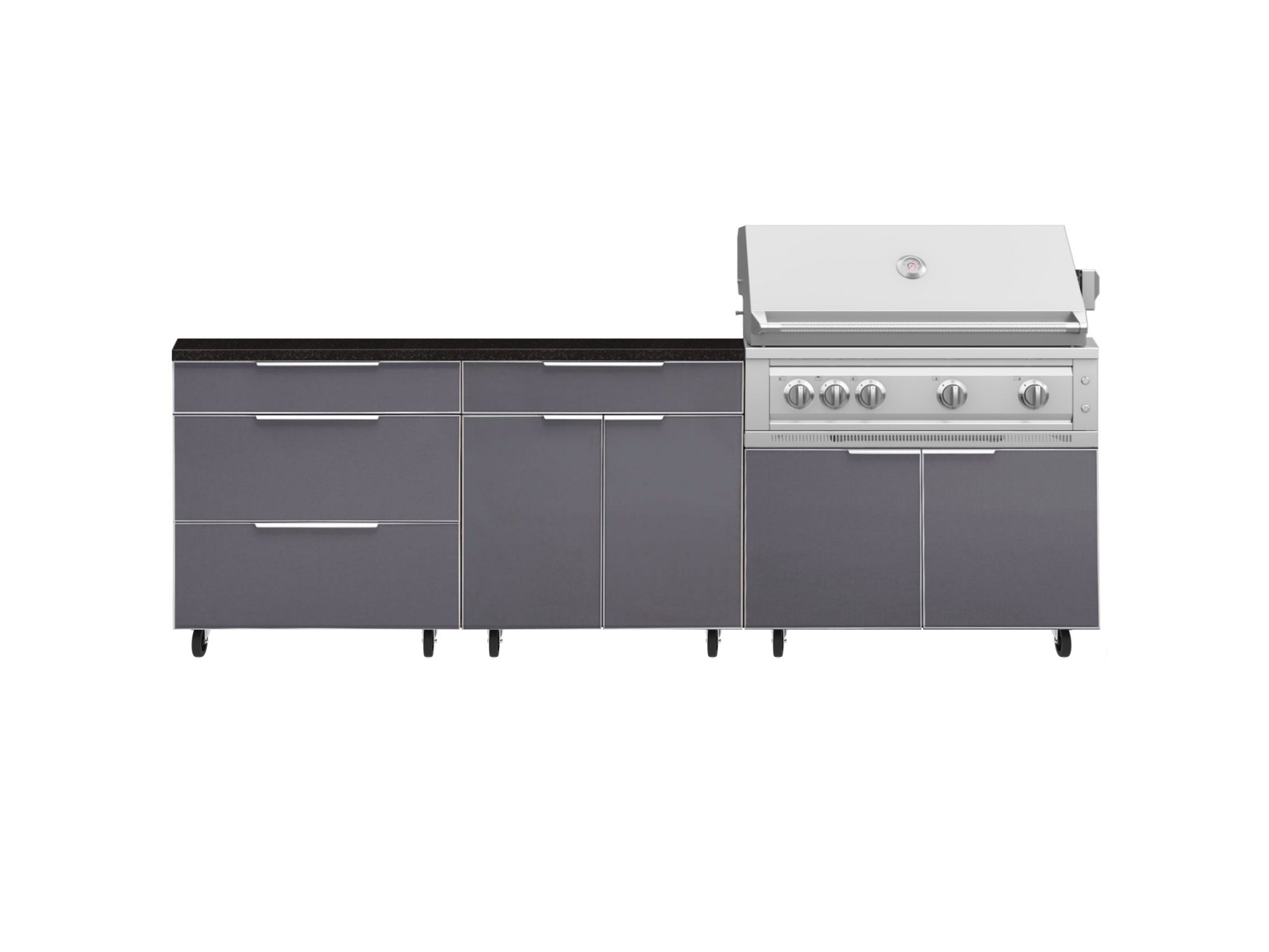 Outdoor Kitchen Aluminum 5 Piece Cabinet Set With Casters and 3 Drawer, Bar, Grill Cabinet, Platinum Grill, Countertop