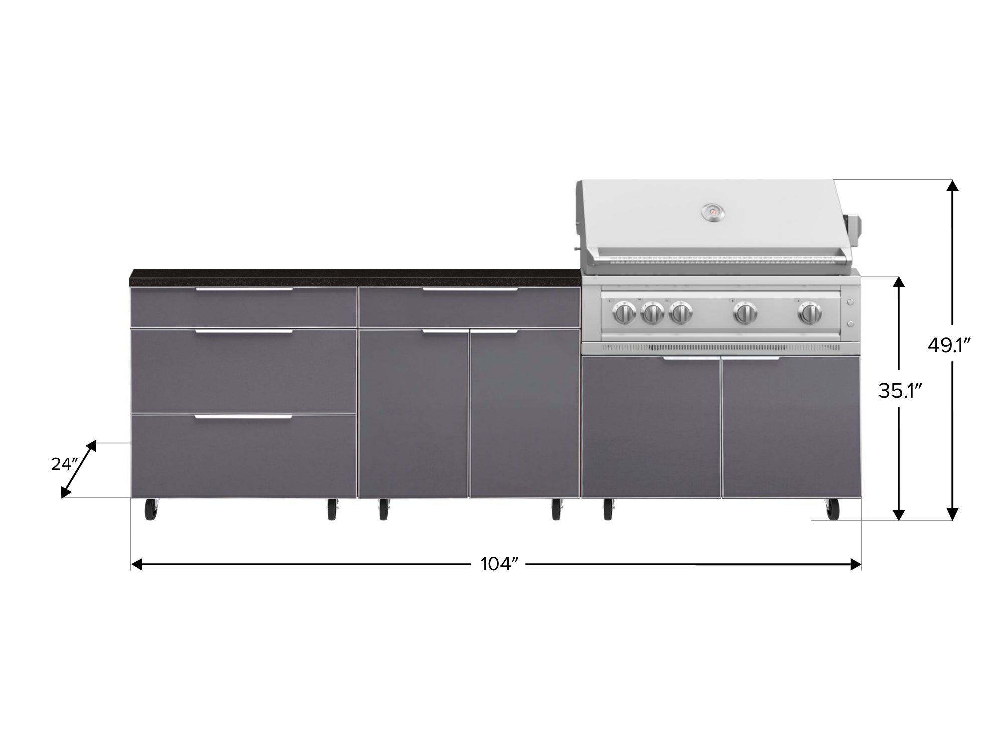 Outdoor Kitchen Aluminum 5 Piece Cabinet Set With Casters and 3 Drawer, Bar, Grill Cabinet, Platinum Grill, Countertop