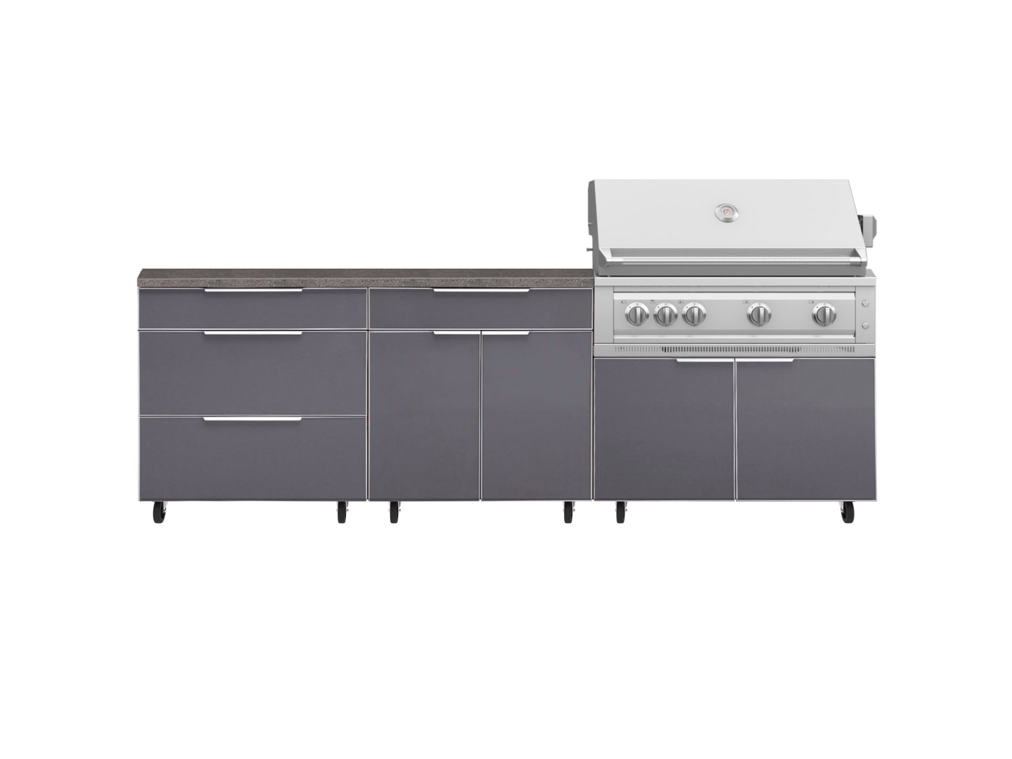 Outdoor Kitchen Aluminum 5 Piece Cabinet Set With Casters and 3 Drawer, Bar, Grill Cabinet, Platinum Grill, Countertop