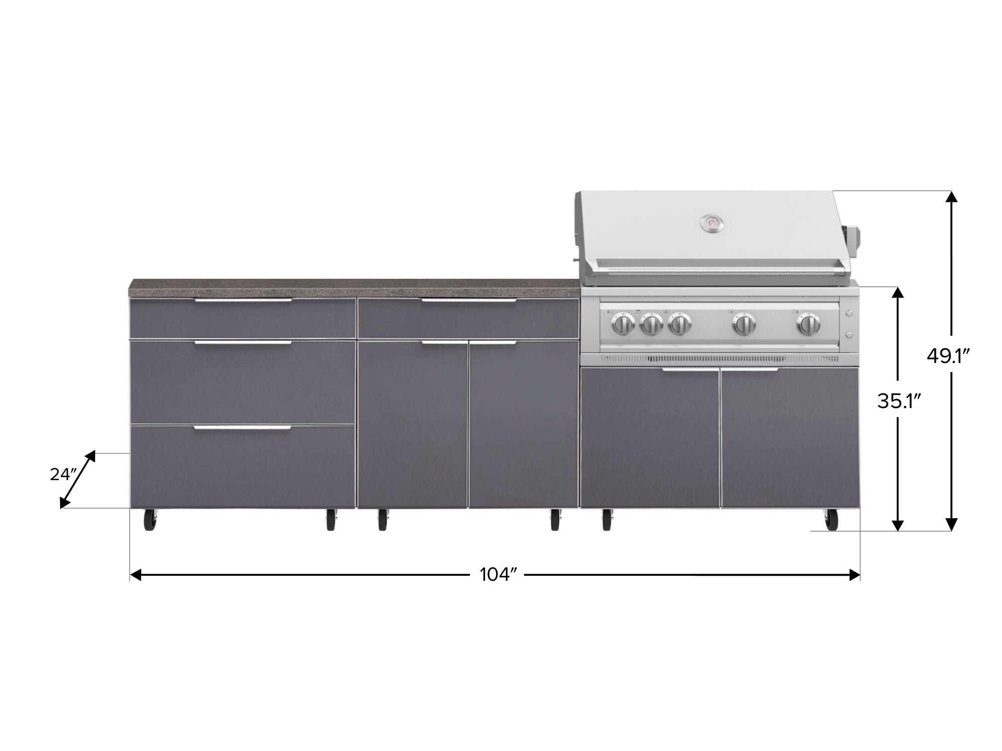 Outdoor Kitchen Aluminum 5 Piece Cabinet Set With Casters and 3 Drawer, Bar, Grill Cabinet, Platinum Grill, Countertop