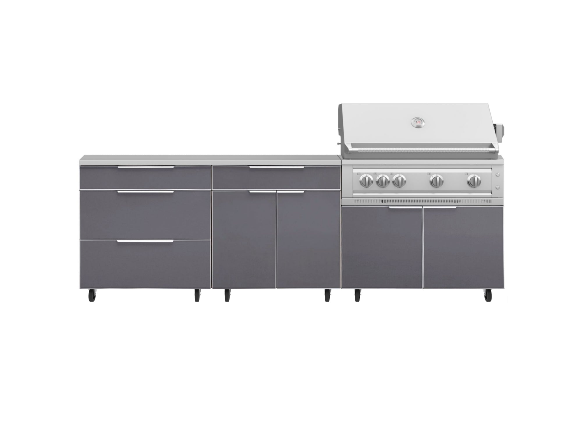 Outdoor Kitchen Aluminum 5 Piece Cabinet Set With Casters and 3 Drawer, Bar, Grill Cabinet, Platinum Grill, Countertop