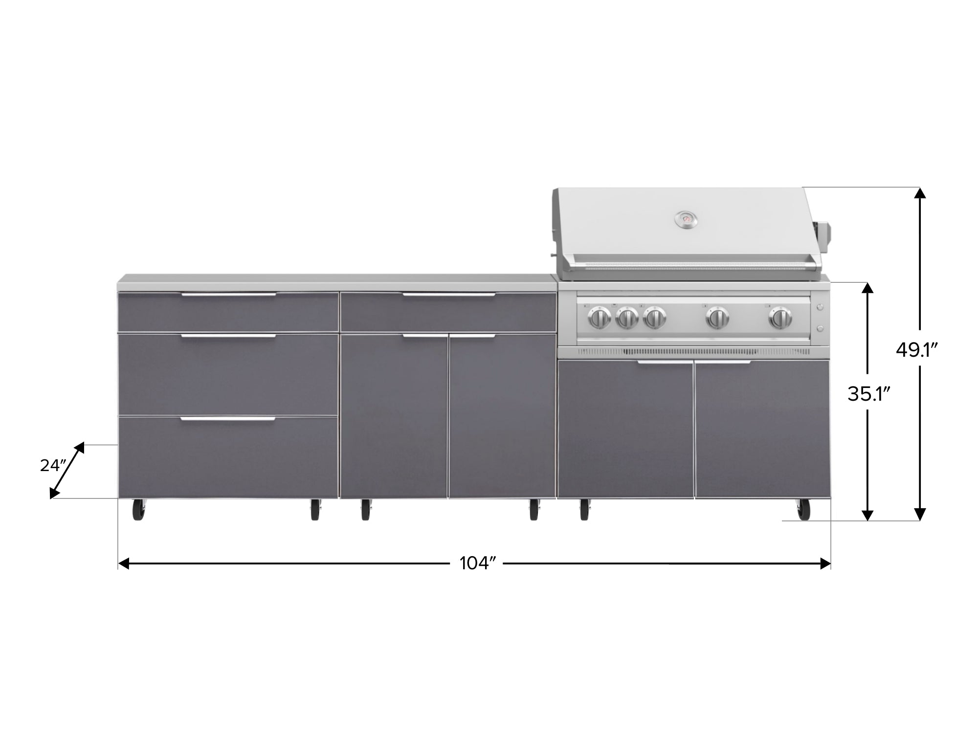 Outdoor Kitchen Aluminum 5 Piece Cabinet Set With Casters and 3 Drawer, Bar, Grill Cabinet, Platinum Grill, Countertop