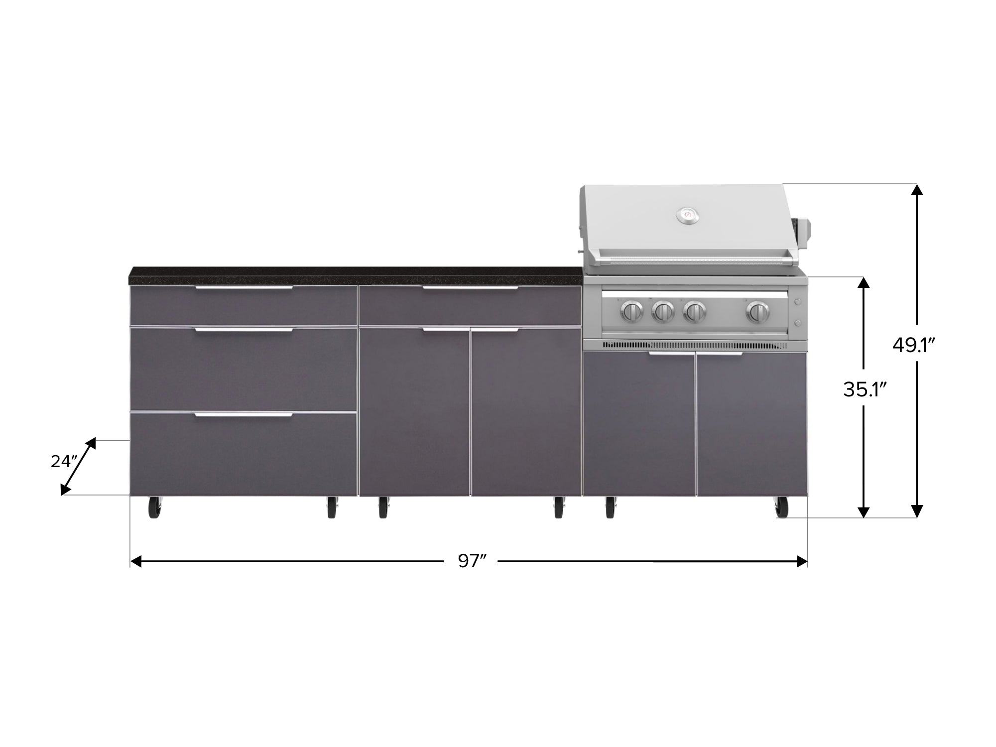 Outdoor Kitchen Aluminum 5 Piece Cabinet Set With Casters and 3 Drawer, Bar, Grill Cabinet, Platinum Grill, Countertop