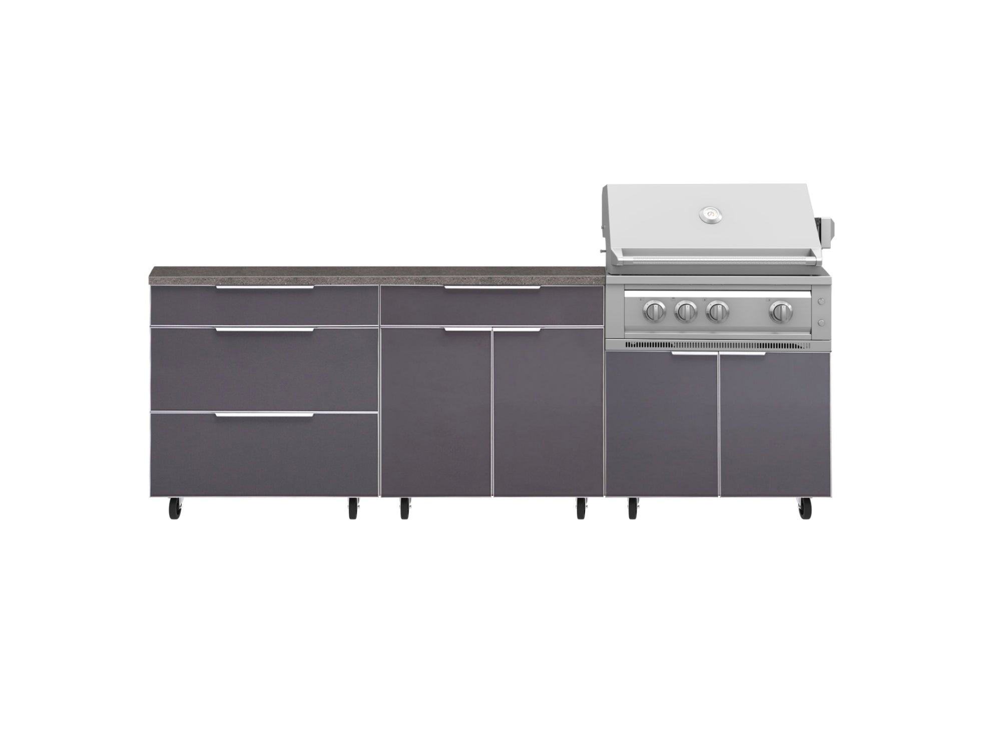 Outdoor Kitchen Aluminum 5 Piece Cabinet Set With Casters and 3 Drawer, Bar, Grill Cabinet, Platinum Grill, Countertop