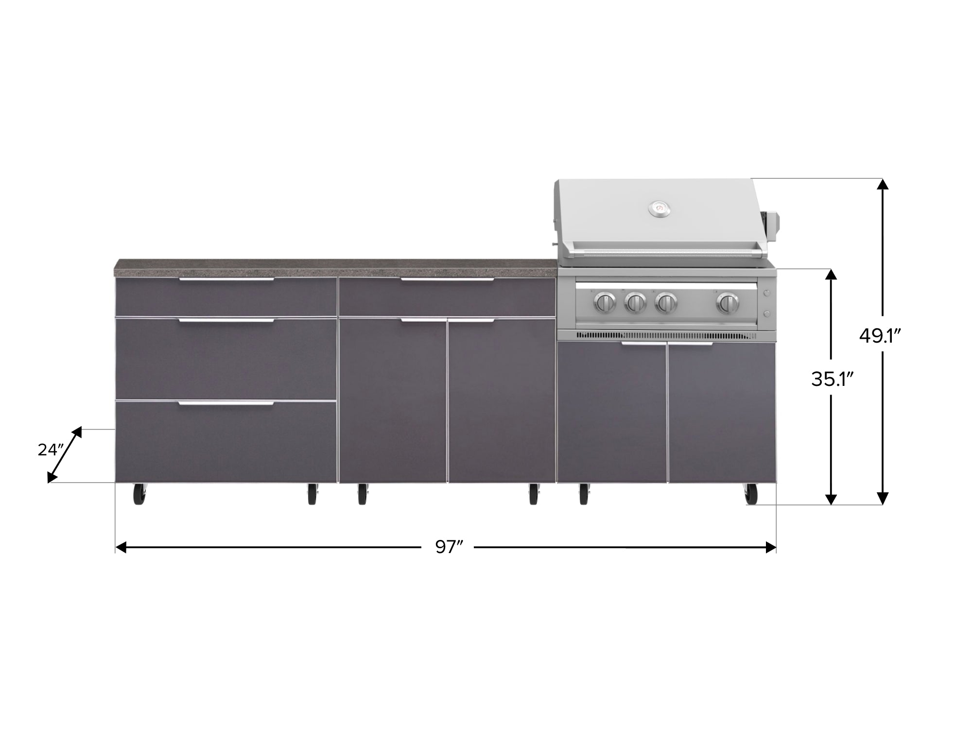 Outdoor Kitchen Aluminum 5 Piece Cabinet Set With Casters and 3 Drawer, Bar, Grill Cabinet, Platinum Grill, Countertop