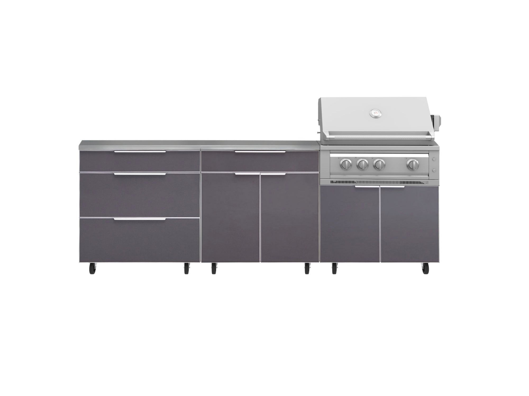 Outdoor Kitchen Aluminum 5 Piece Cabinet Set With Casters and 3 Drawer, Bar, Grill Cabinet, Platinum Grill, Countertop