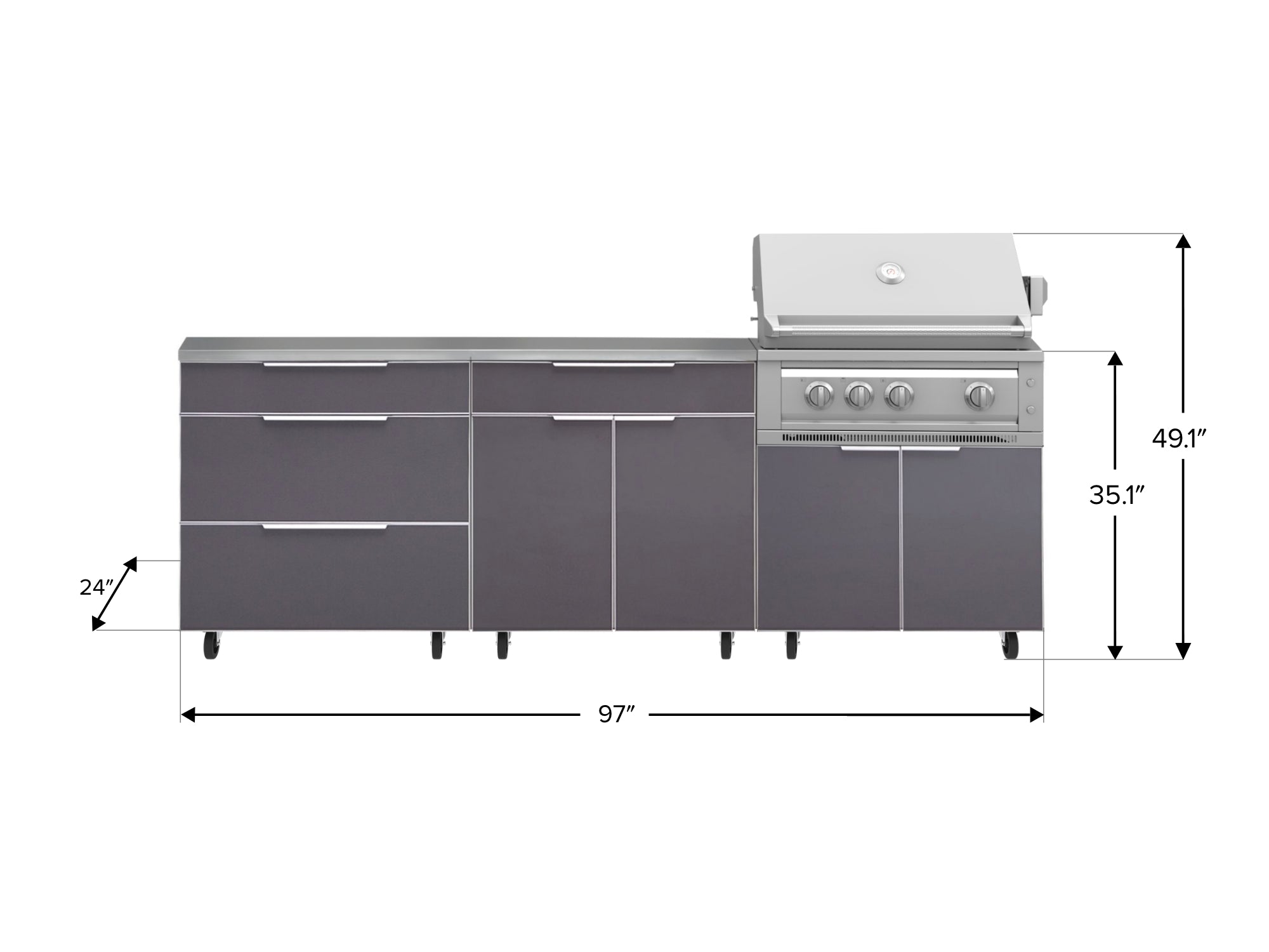 Outdoor Kitchen Aluminum 5 Piece Cabinet Set With Casters and 3 Drawer, Bar, Grill Cabinet, Platinum Grill, Countertop
