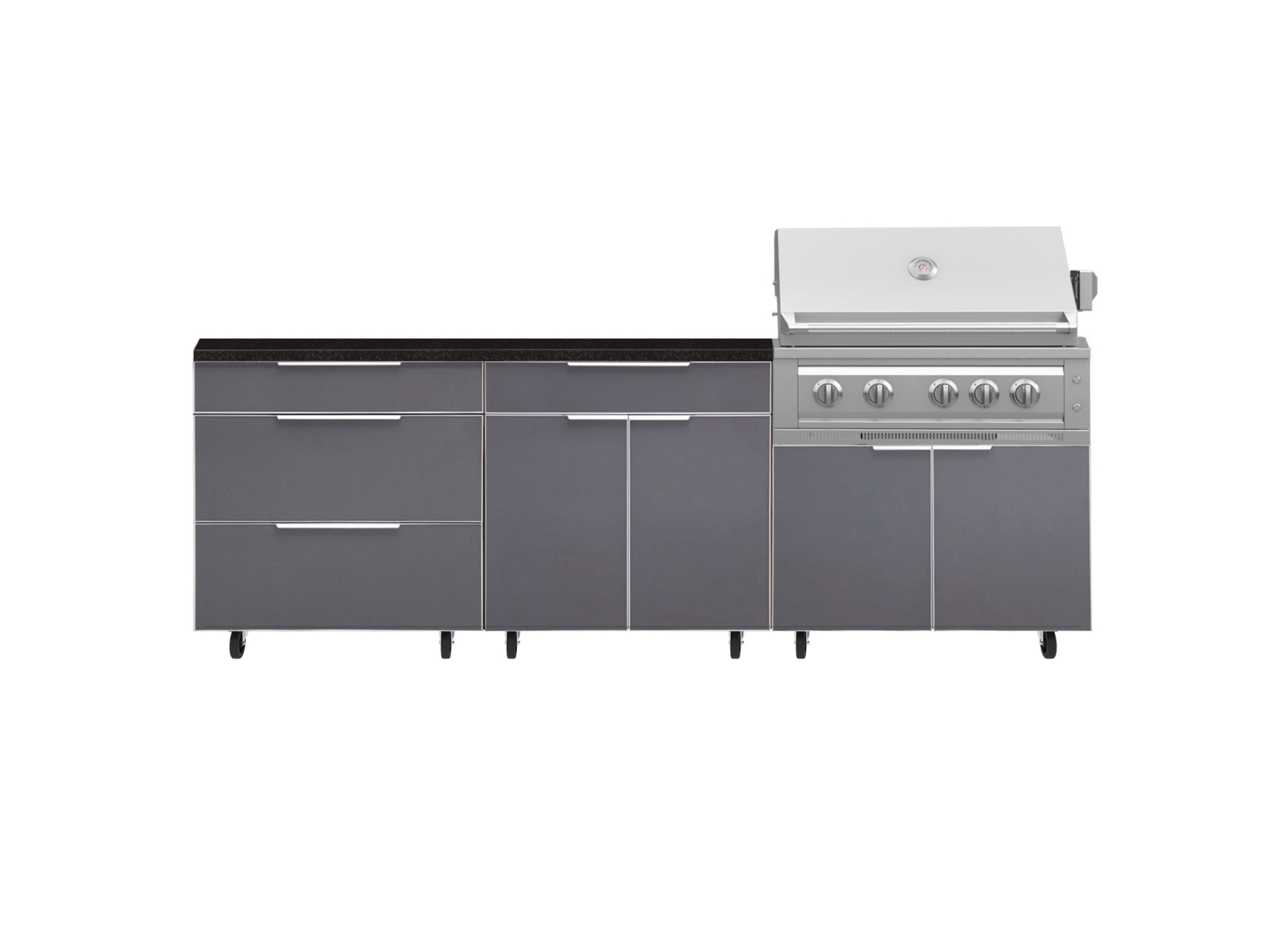 Outdoor Kitchen Aluminum 5 Piece Cabinet Set With Casters and 3 Drawer, Bar, Grill Cabinet, Platinum Grill, Countertop