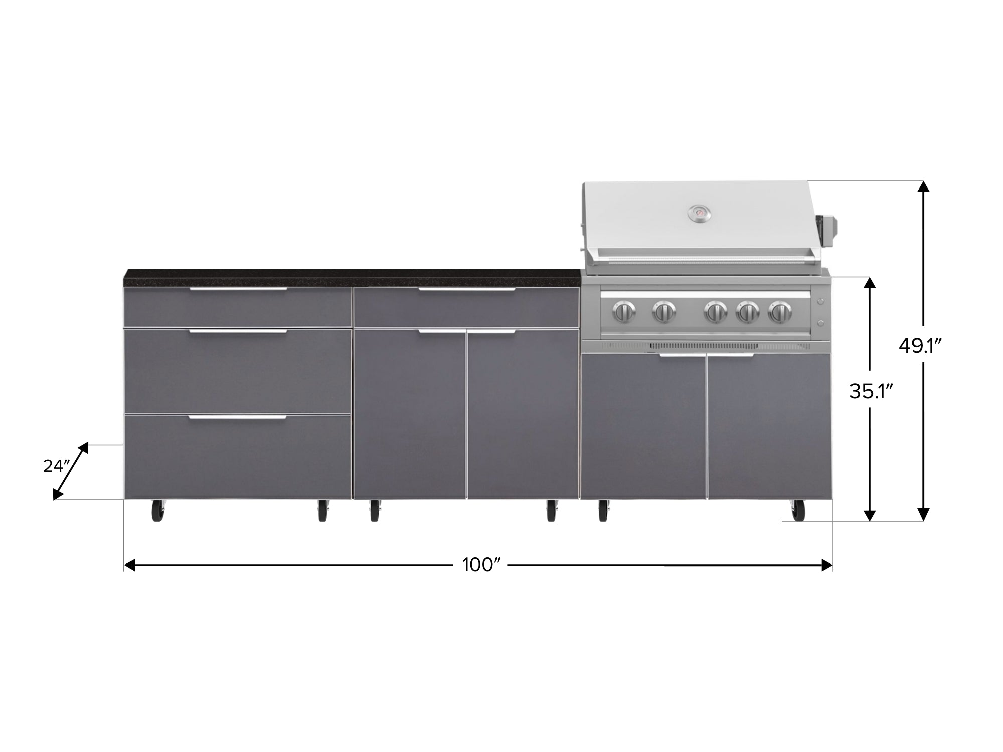 Outdoor Kitchen Aluminum 5 Piece Cabinet Set With Casters and 3 Drawer, Bar, Grill Cabinet, Platinum Grill, Countertop